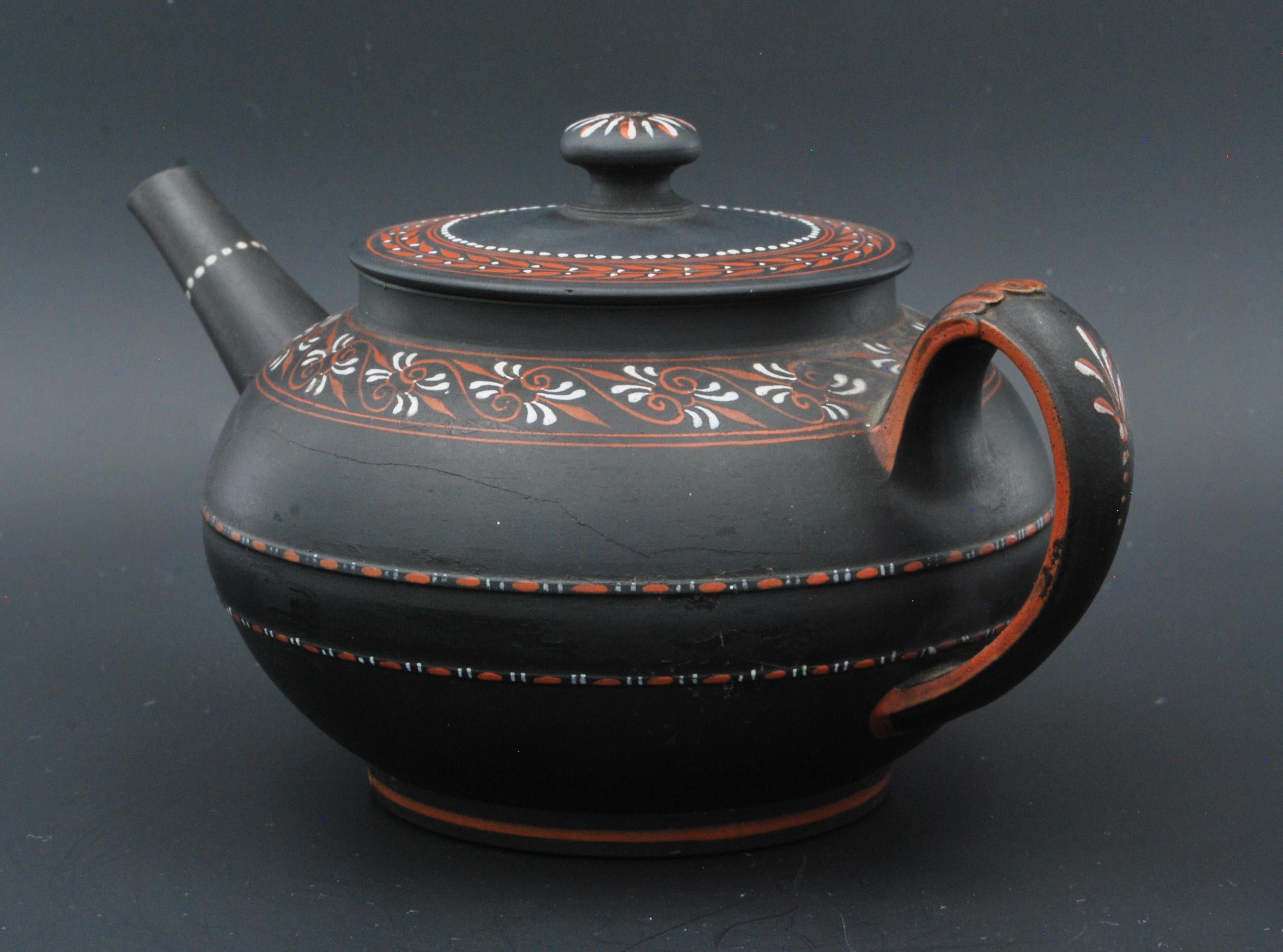 18th Century Encaustic Painted Teapot in Black Basalt, Wedgwood C1780 For Sale