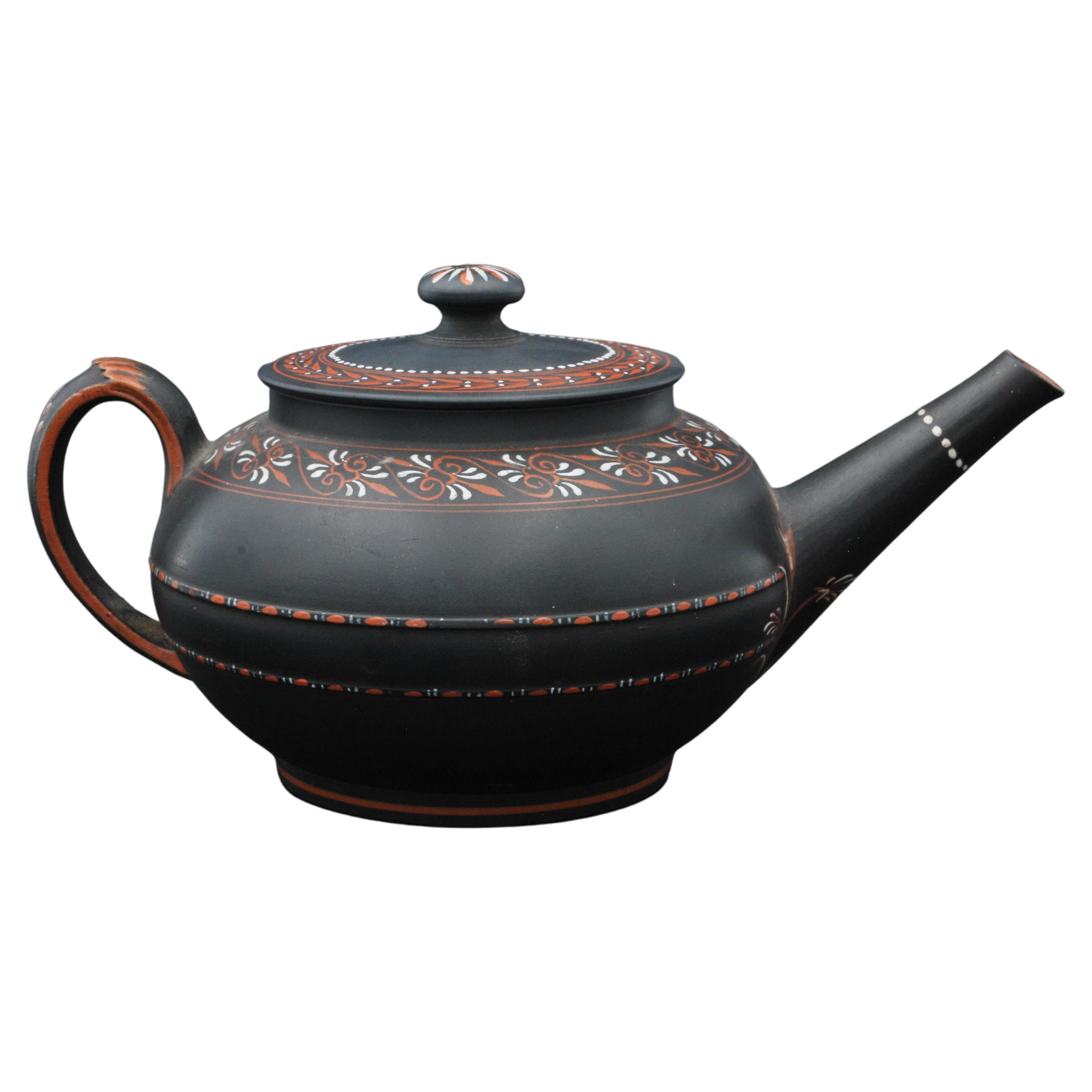 Encaustic Painted Teapot in Black Basalt, Wedgwood C1780 For Sale