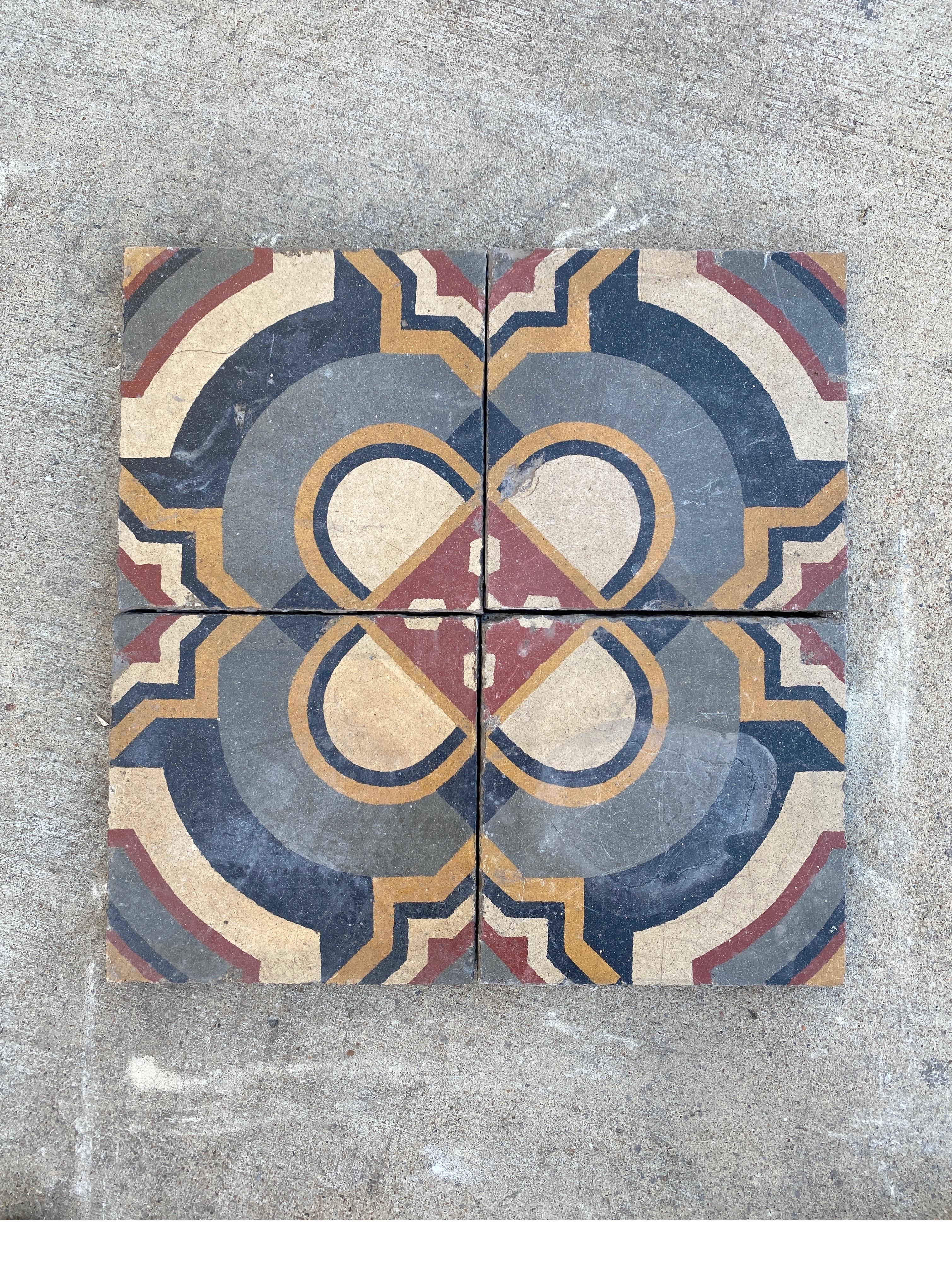 Colorful encaustic tiles with beautiful borders.

We have 221 sq ft of the field + 76 linear feet borders including 6 corner pieces.

We only sell the entire lot.