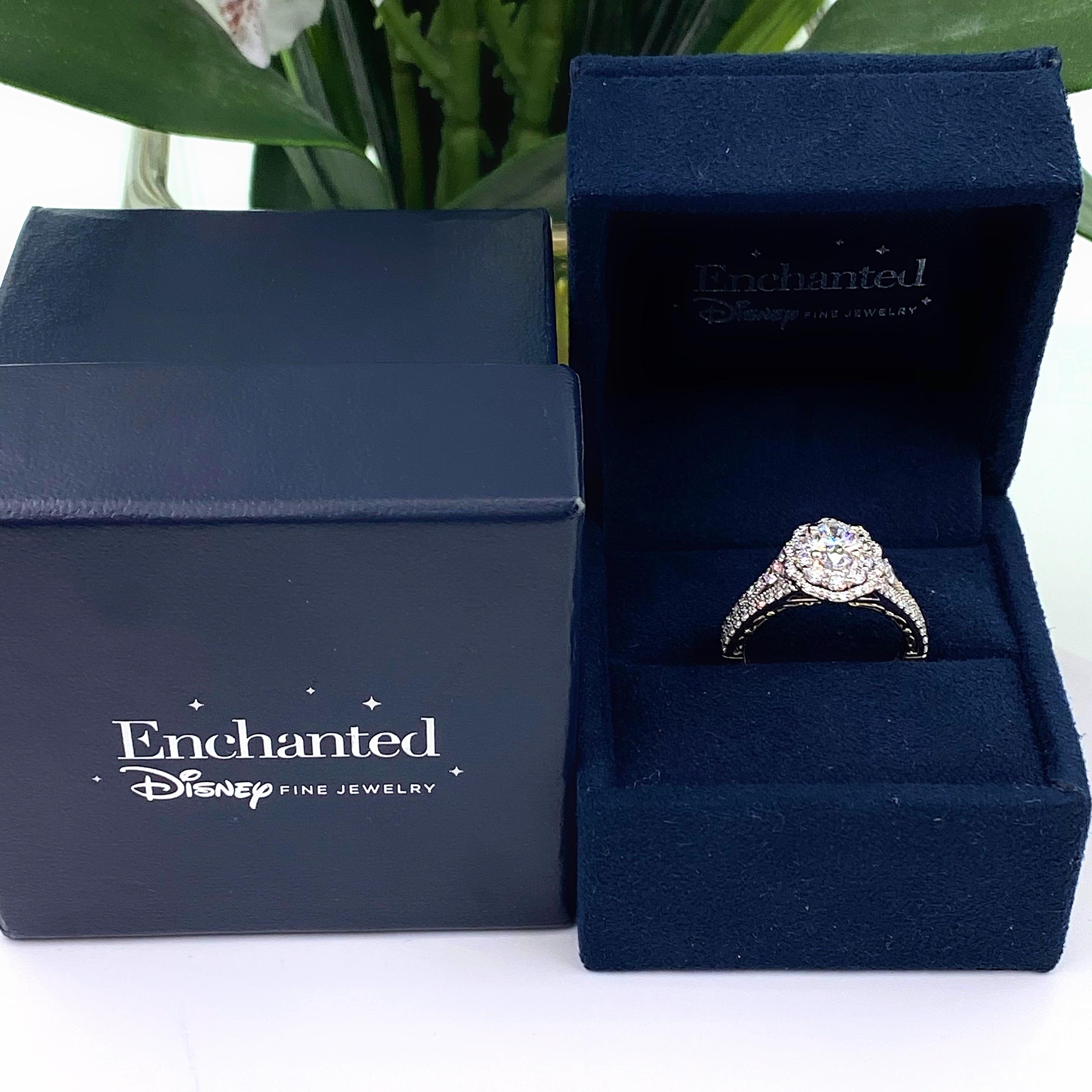 ENCHANTED DISNEY BELLE 1 1/4 TCW ENGAGEMENT RING
Style:  Double Frame Halo
Ref. number:  Zales#20319913
Metal:  14kt White Gold & Yellow Gold
Size / Measurements:  5 - sizable
TCW:  1 1/4 tcw ( 1.25 tcw )
Main Diamond:  Oval Diamond 0.50 cts 
Color