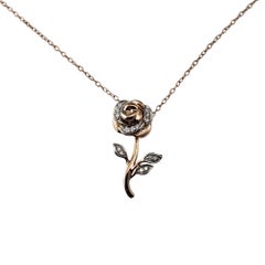 Vintage Enchanted Disney Belle 10K Rose Gold  Diamond Rose Pendant Necklace #20978