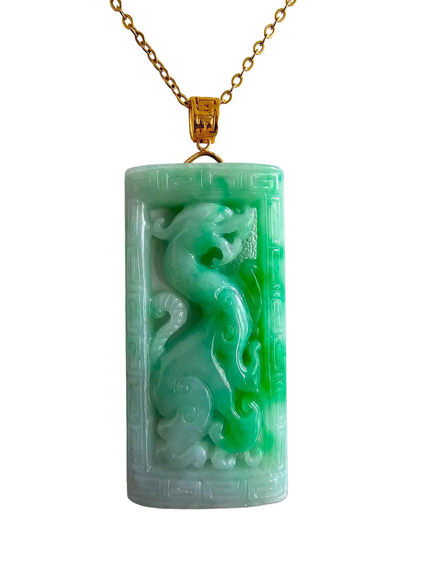 Enchanted Dragon Imperial Burmese A-Jade Jadeite Pendant with 18K Yellow Gold For Sale 5