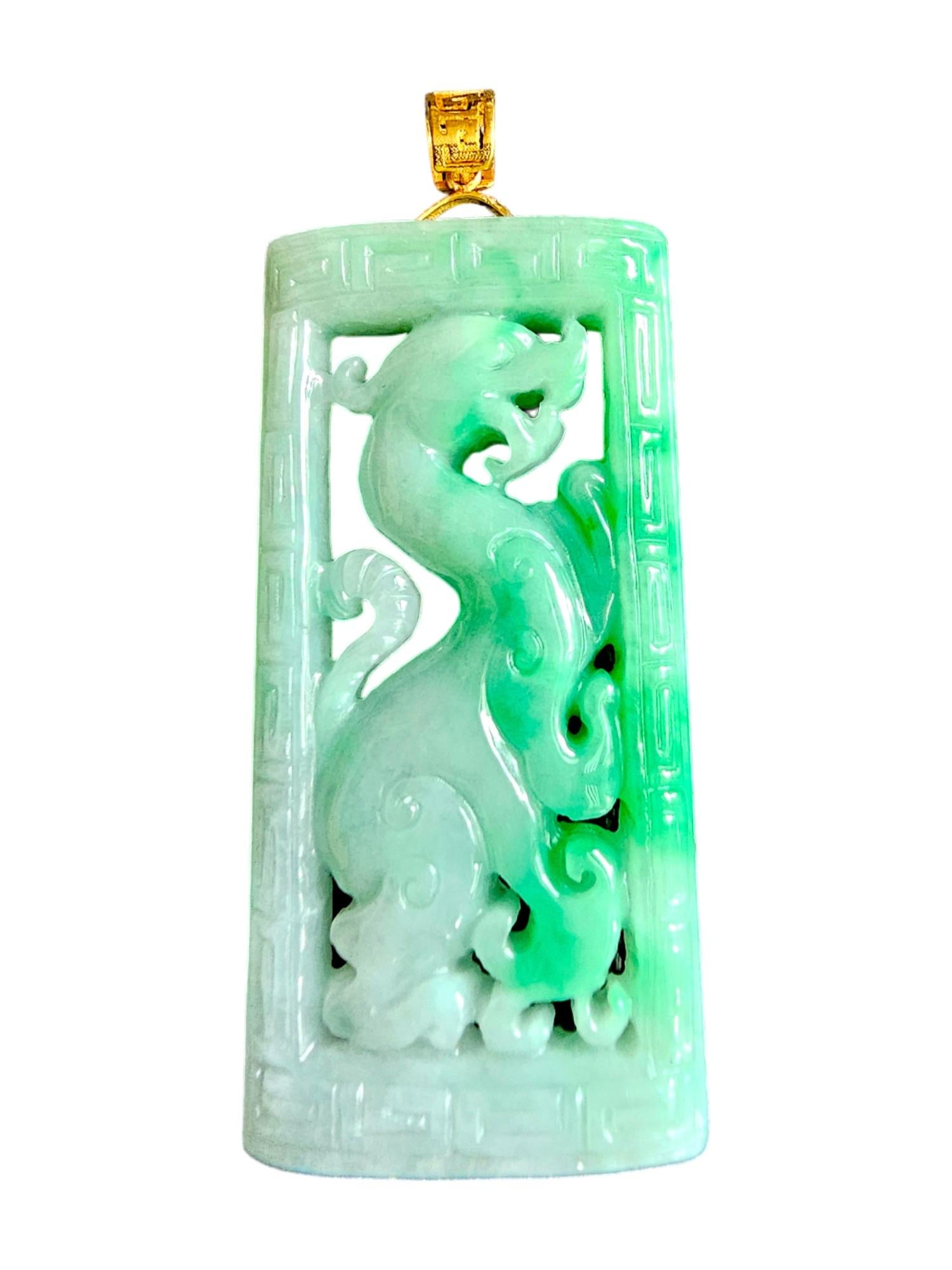 Cabochon Enchanted Dragon Imperial Burmese A-Jade Jadeite Pendant with 18K Yellow Gold For Sale