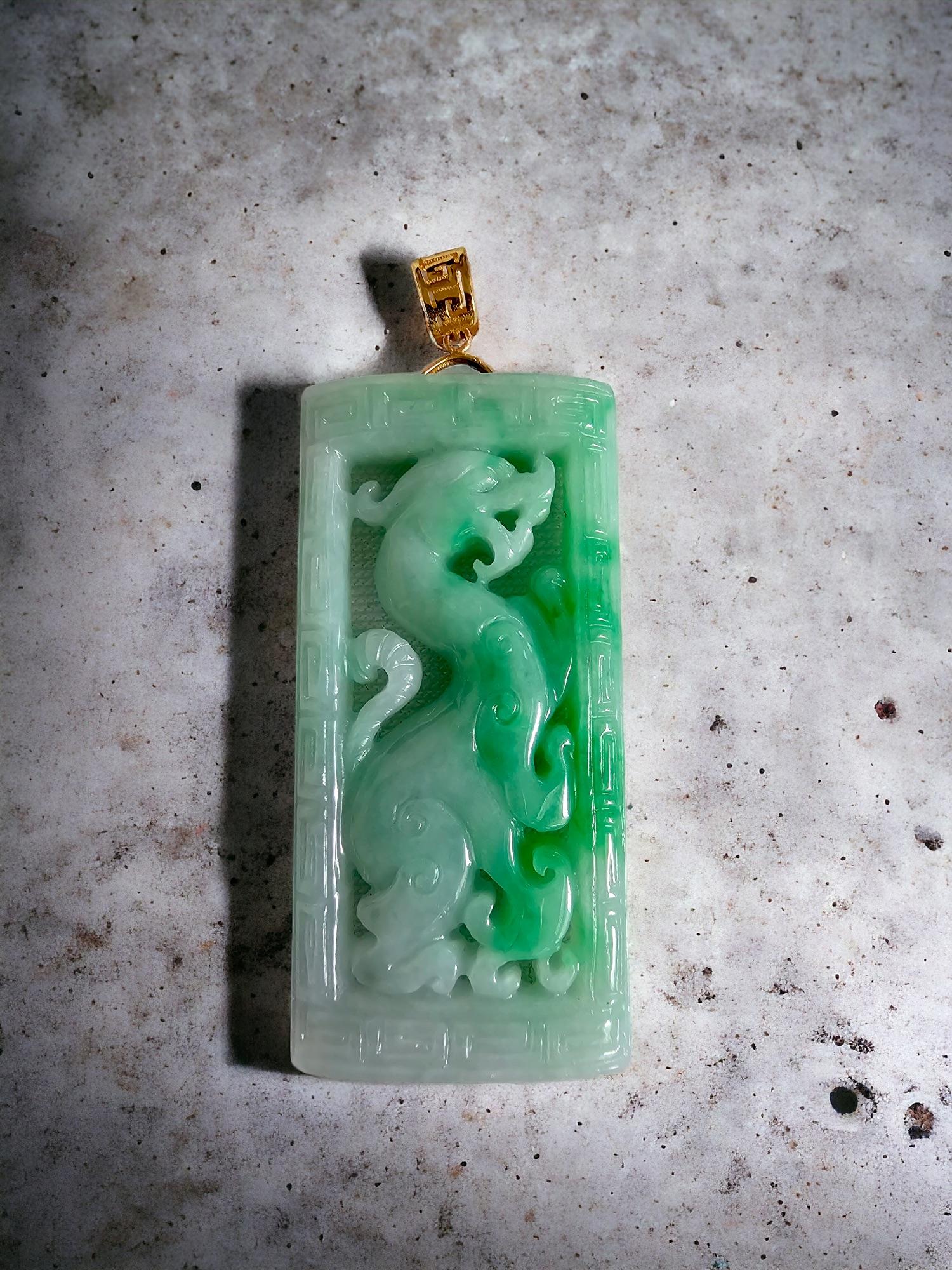 Women's or Men's Enchanted Dragon Imperial Burmese A-Jade Jadeite Pendant with 18K Yellow Gold For Sale
