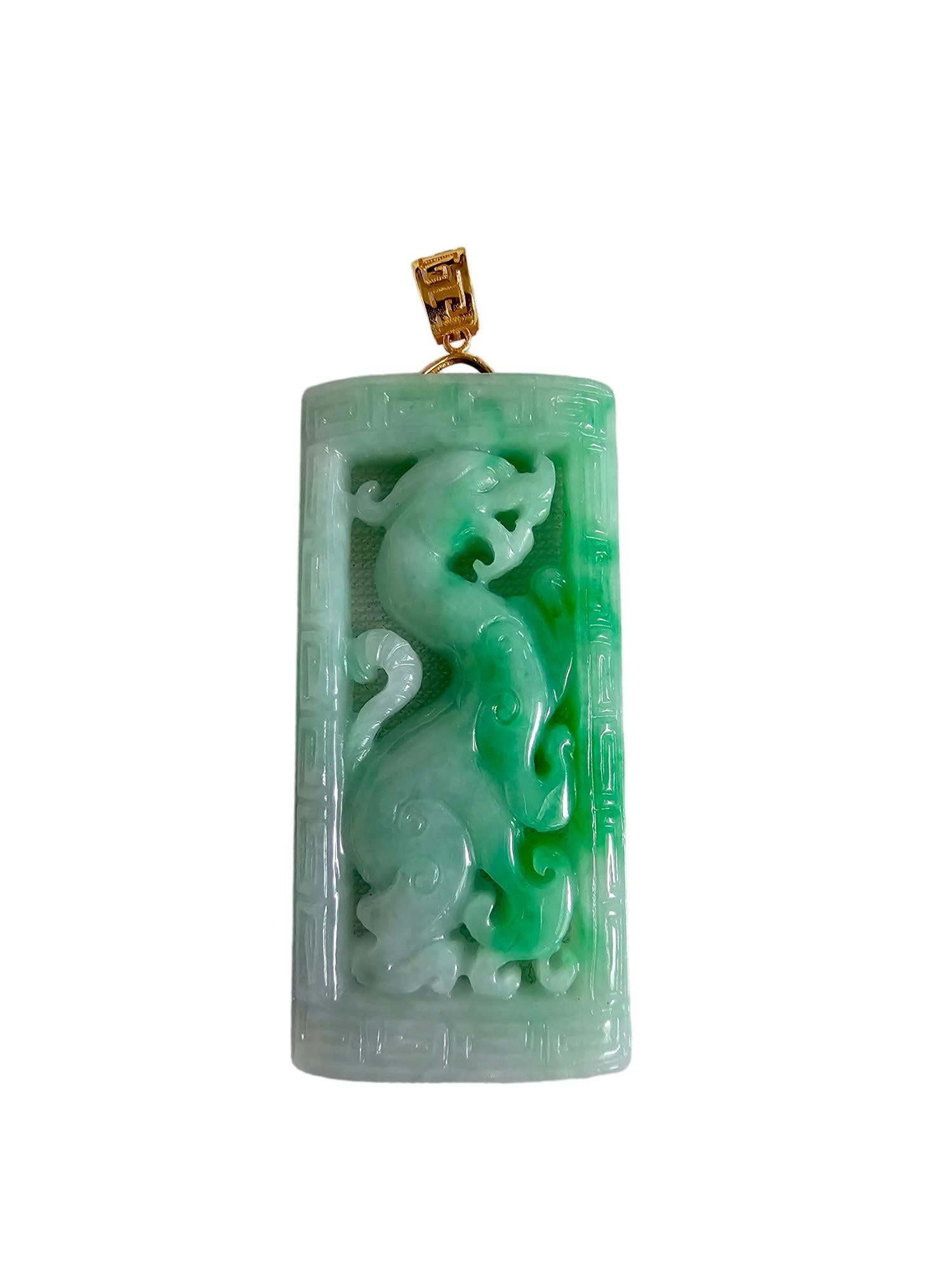 Enchanted Dragon Imperial Burmese A-Jade Jadeite Pendant with 18K Yellow Gold For Sale 2