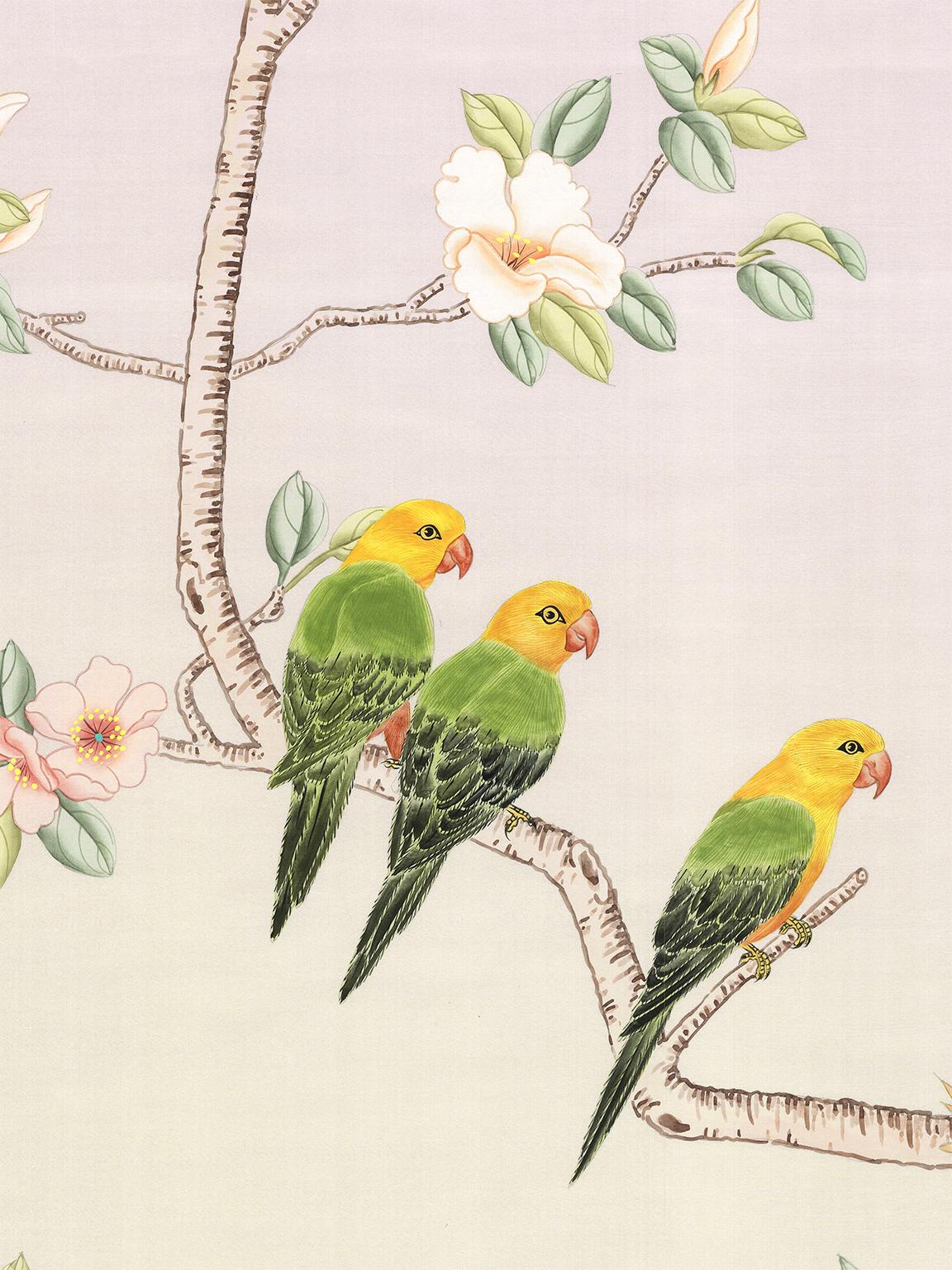 This mural set, called Enchanted Garden, is hand painted on a pearlized silk paper called “Cai Hong.” The color of the silk varies as you change your view. This enchanting chinoiserie combines flowering trees and tropical palms. Every panel has one