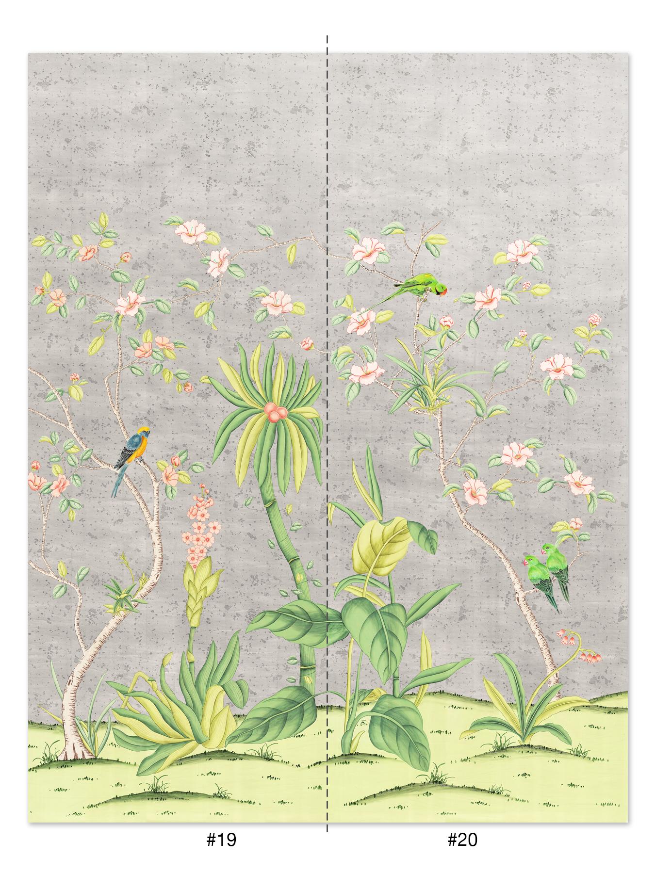 This pair of panels of Enchanted garden were hand painted on a silver metal leaf paper.  Each panel measures thirty six inches wide by seventy two inches design height on ninety six inch tall paper.