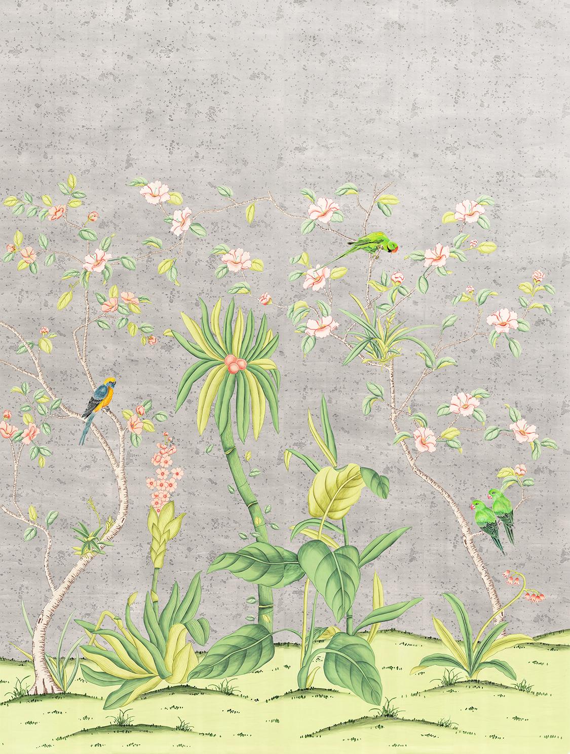 Hand-Painted Enchanted Garden Diptych Metal Leaf Hand-painted Mural For Sale