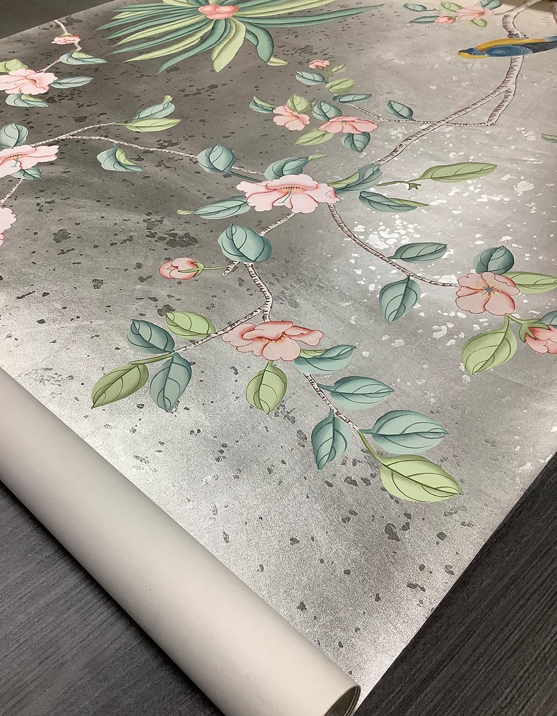 Enchanted Garden Diptych Metal Leaf Hand-painted Mural In Excellent Condition For Sale In Staunton, VA