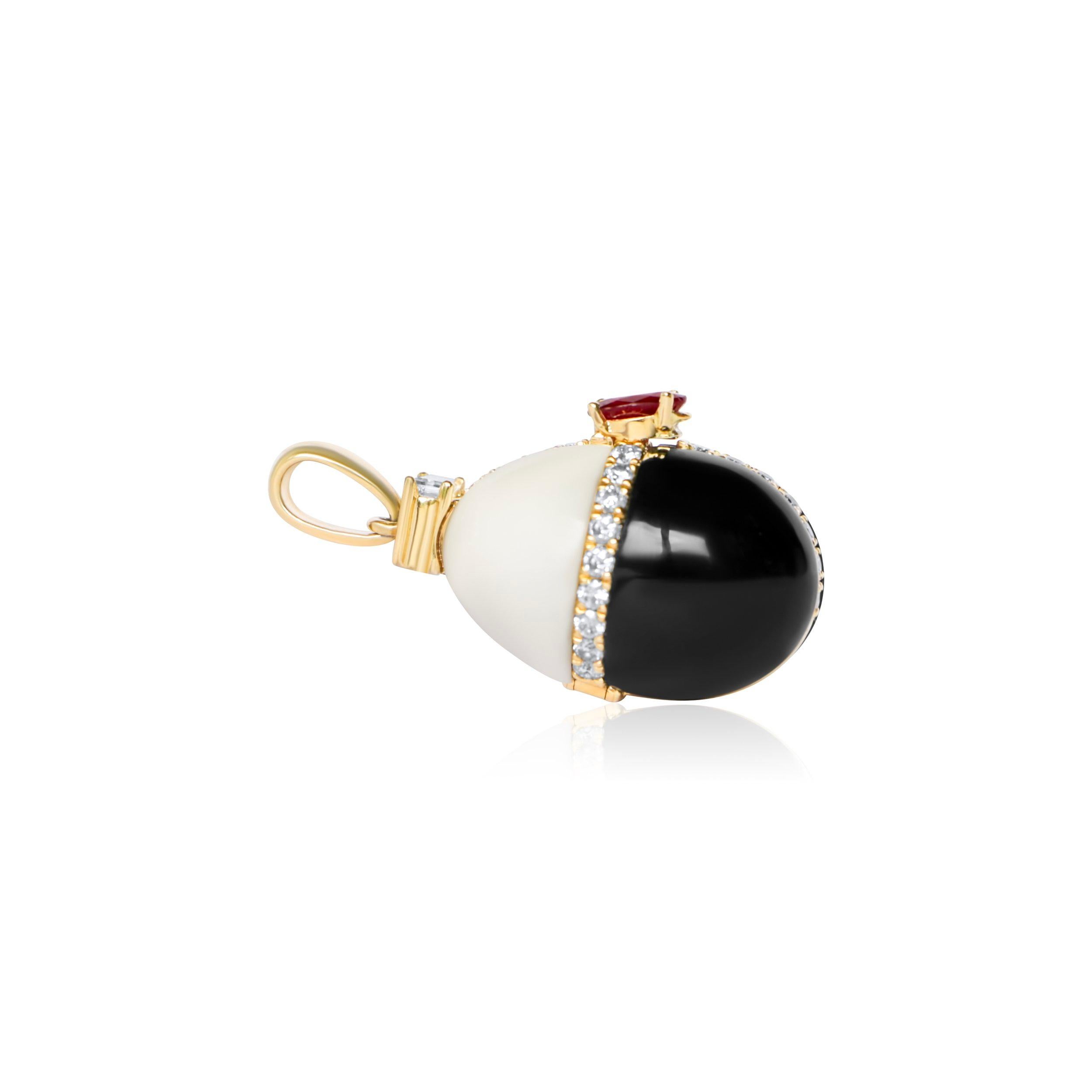Enchanted Yellow Gold Diamond Black White Agate Ruby Egg Pendant Mega Locket In New Condition For Sale In Houston, TX