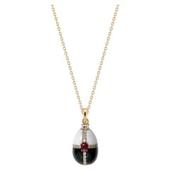 Enchanted Yellow Gold Diamond Black and White Agate and Ruby Egg Charm Pendant