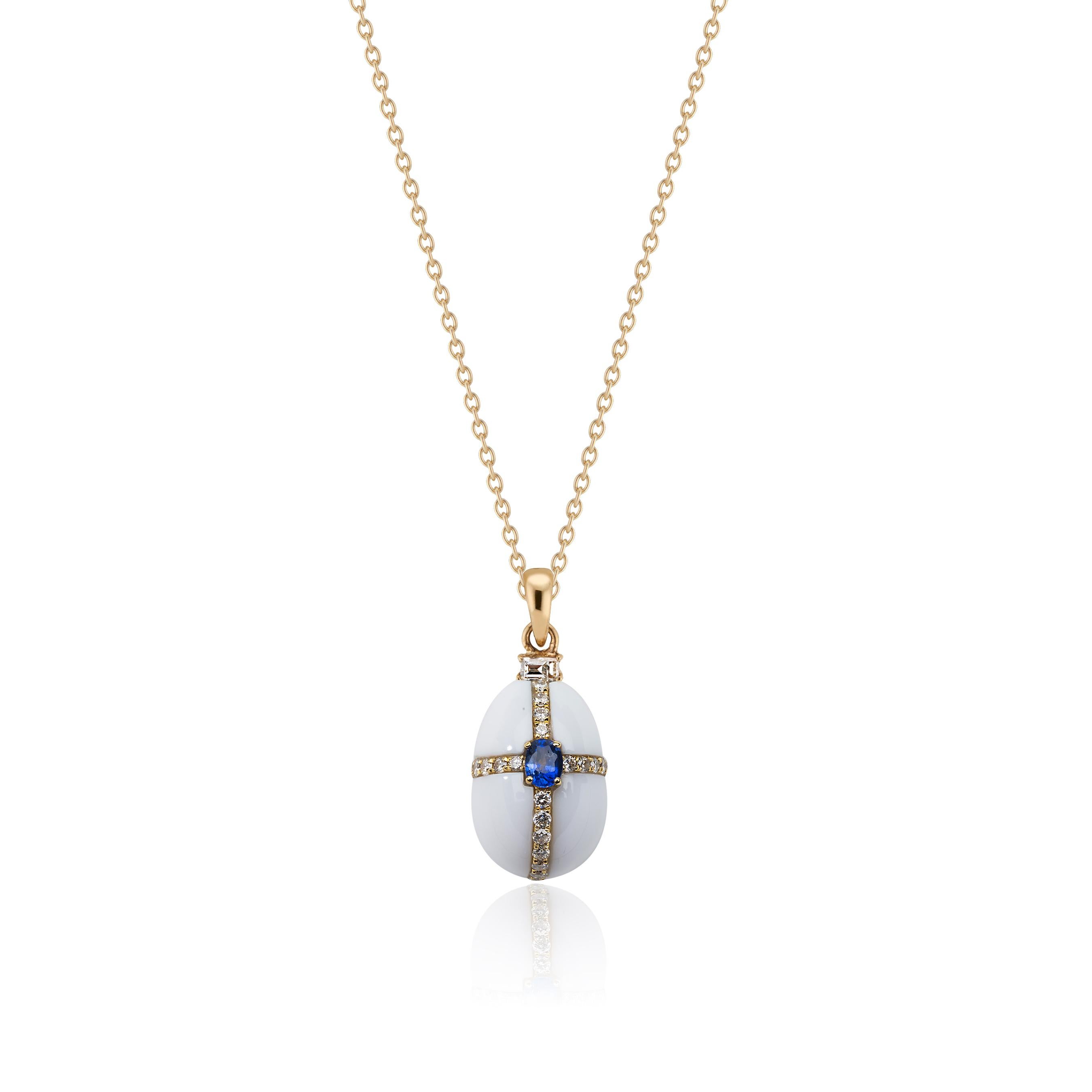 Enchanted Yellow Gold Diamond White Agate and Blue Sapphire Egg Charm Pendant 4