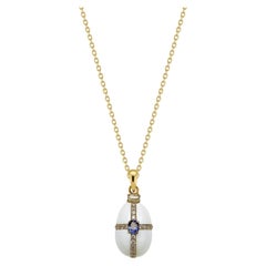 Enchanted Yellow Gold Diamond White Agate and Blue Sapphire Egg Charm Pendant