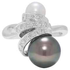 Enchanting 0.08ct Natural Diamond & Dual Pearl Ring in 18K White Gold