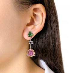 Enchanting 0.16ct Diamond & Watermelon Tourmaline Earrings in 18K White Gold