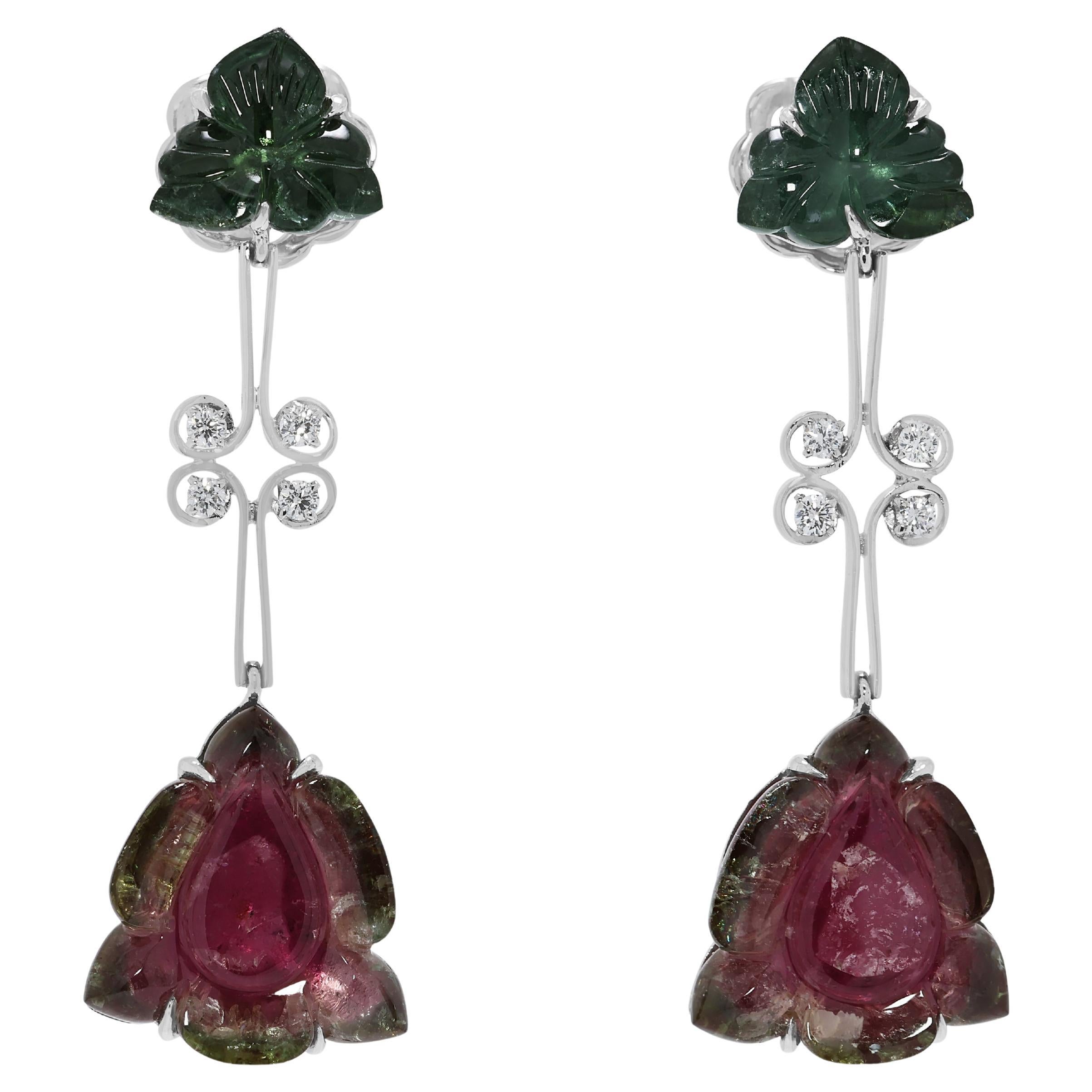 Bezaubernde 0,16ct Diamant 
Wassermelone Turmalin Ohrringe in 18K Weißgold im Angebot