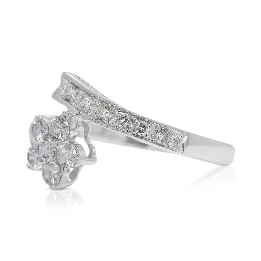 Round Cut Enchanting 0.34ct Floral Natural Diamond Ring with Unique Band in 18K White Gold For Sale