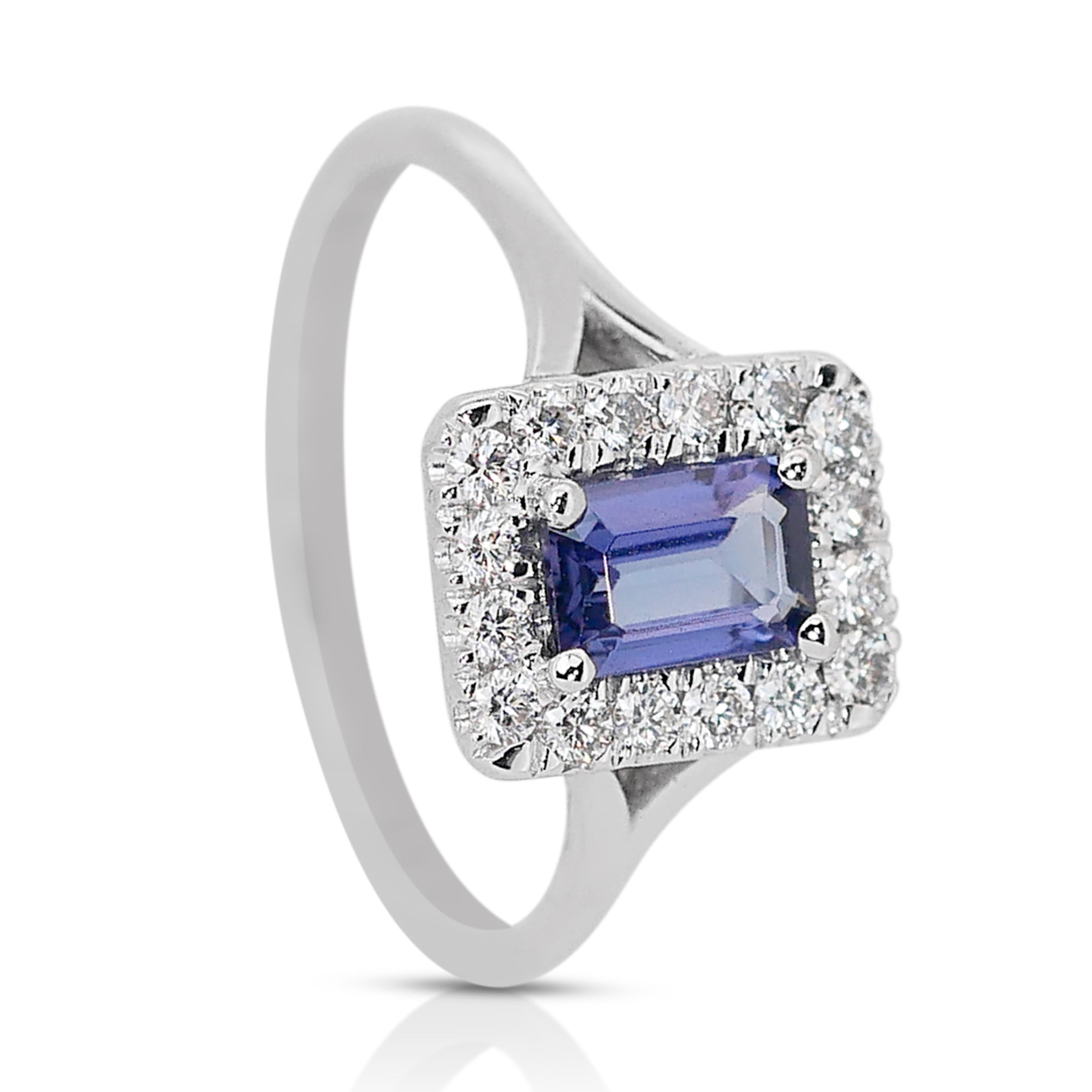 Emerald Cut Enchanting 0.93ct Tanzanite and Diamonds Halo Ring in 18k White Gold - IGI  For Sale