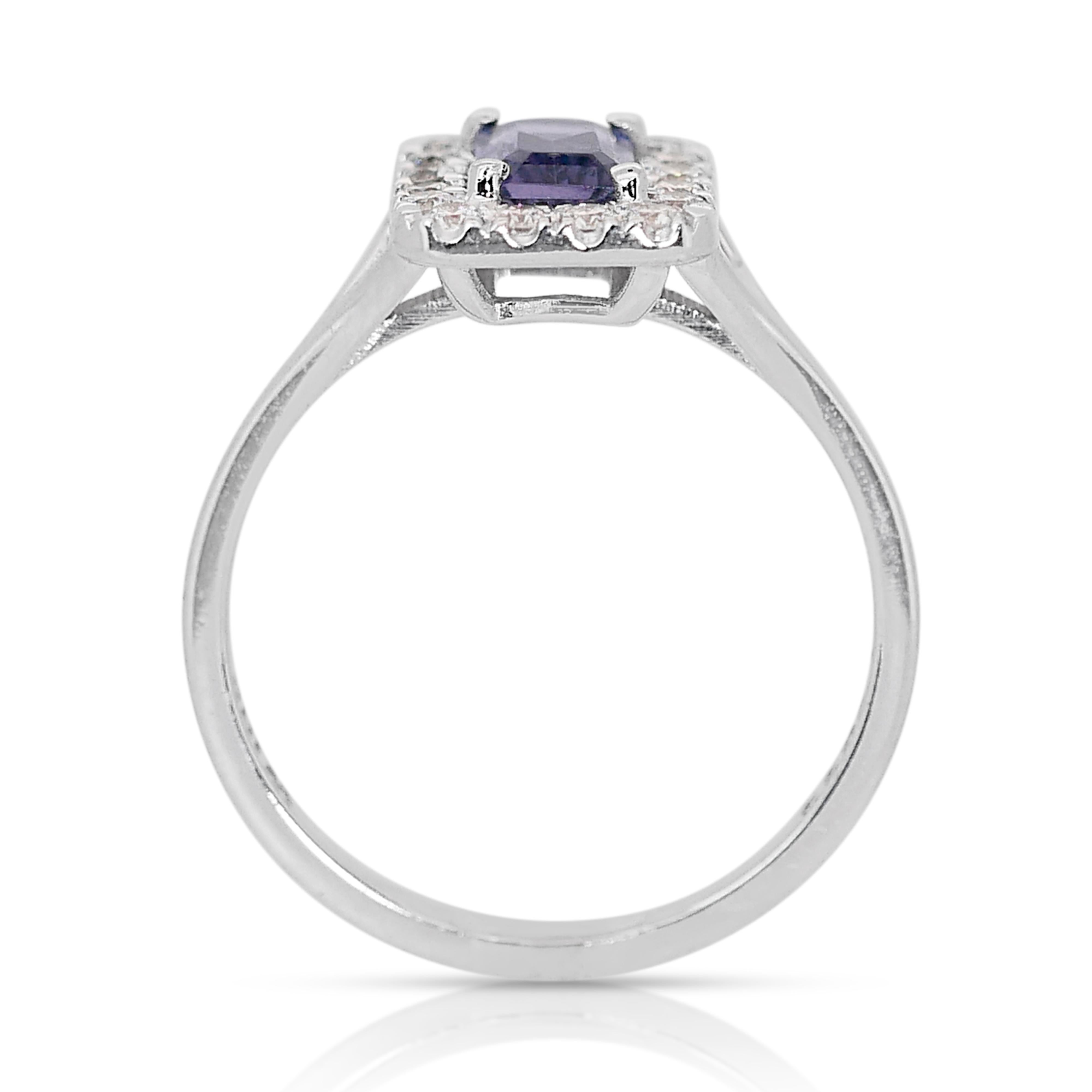 Enchanting 0.93ct Tanzanite and Diamonds Halo Ring in 18k White Gold - IGI  For Sale 1