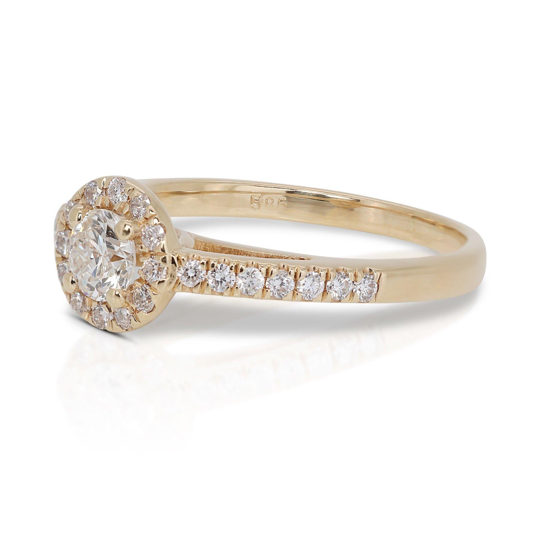 Enchanteresse bague halo de diamants 0,98 carat en or jaune 18 carats, certifiée GIA

Plongez dans la splendeur de cette bague halo en or jaune 18k à diamants, conçue pour capturer et refléter la lumière à chaque tour. En son cœur se trouve un