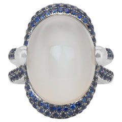 Enchanting 10.53ct Moonstone and Sapphires Cluster Ring in 18k White Gold