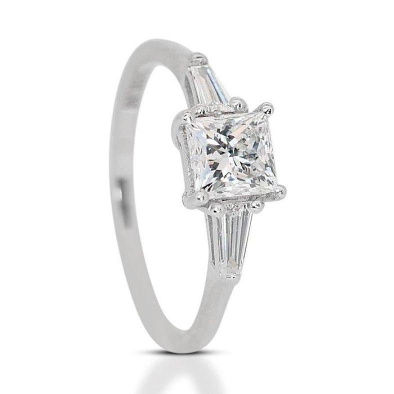 Square Cut Enchanting 1.12ct Three Stone Diamond Ring set in gleaming 18K White Gold For Sale