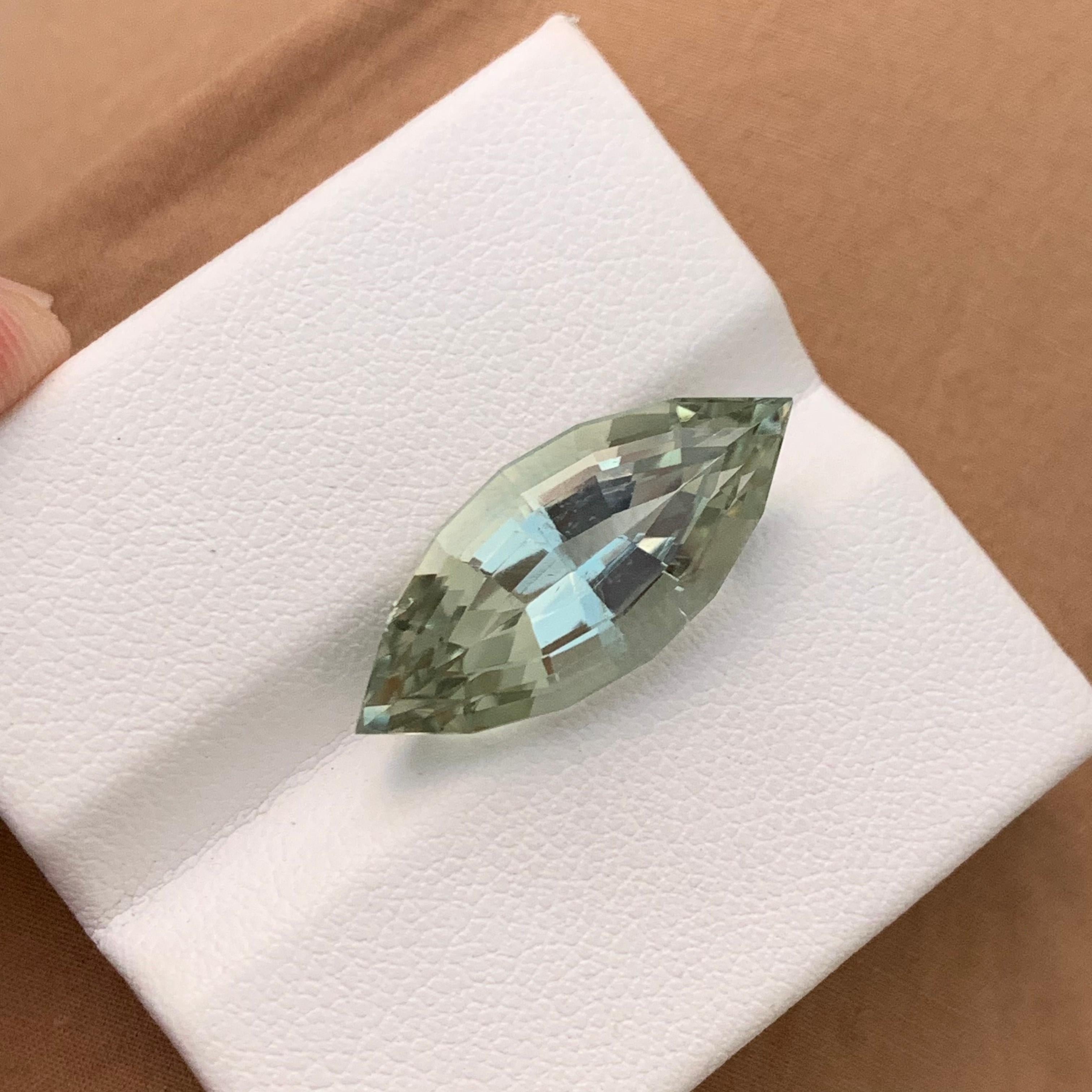 Faceted Green Amethyst 
Weight: 11.40 Carat
Dimension: 20.3x10.6x9.1 Mm
Origin: Brazil
Color: Green
Shape: Marquise 
Certificate: On Demand 
.
Green amethyst, also known as prasiolite, is a captivating gemstone that possesses a unique and alluring