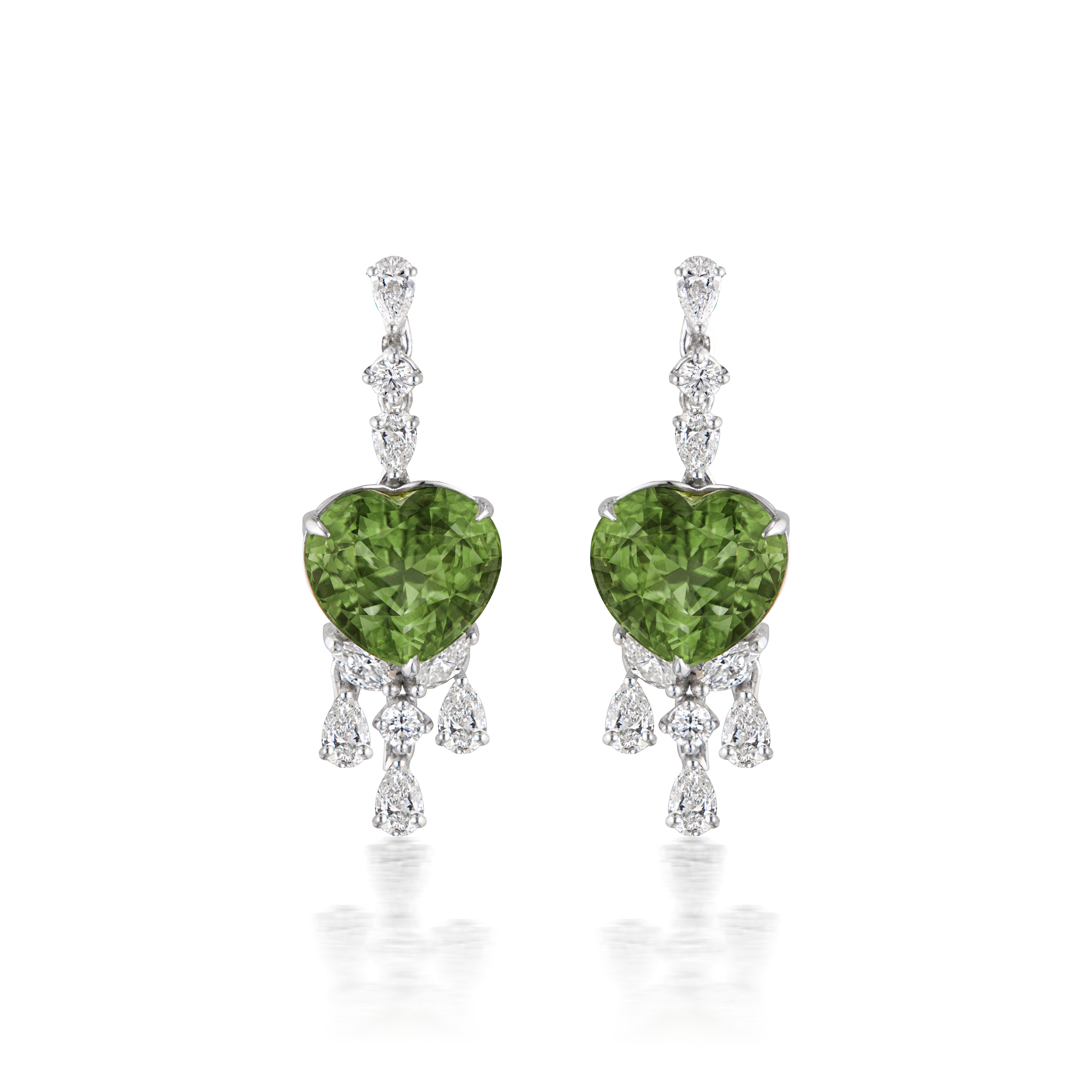 18K WHITE GOLD
4 ROUND DIAMONDS   0.22 CARATS
10 PEAR SHAPED DIAMONDS   0.81 CARATS
4 MARQUIS DIAMONDS   0.36 CARATS
2 BURMA PERIDOTS  11.43 CARATS (5.62, 5.80 cts)

Introducing our Enchanting Peridot Earrings, a mesmerizing blend of natural beauty