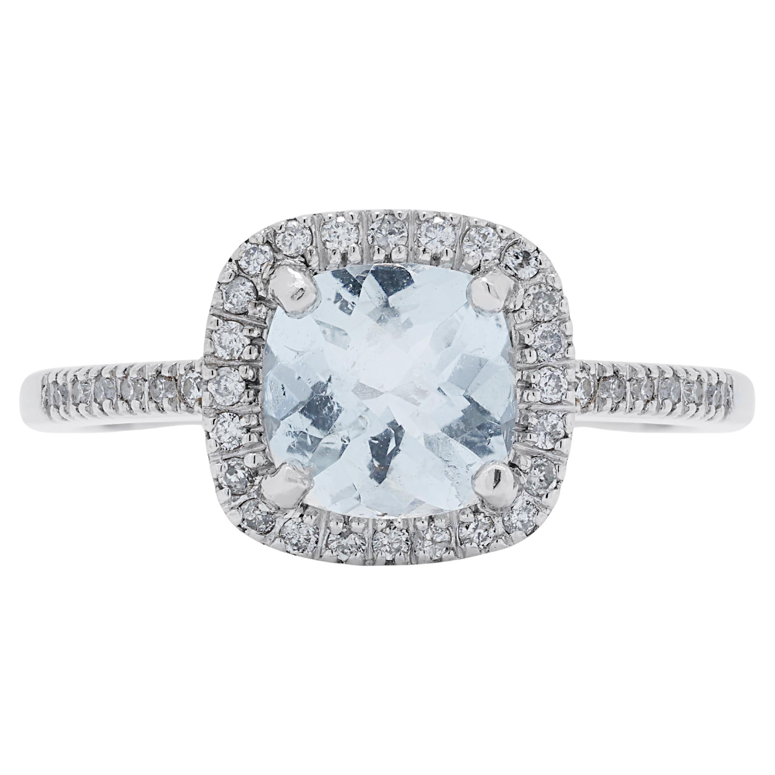 Enchanting 1.27ct Aquamarine Pave Ring with Side Diamonds in 14K White Gold