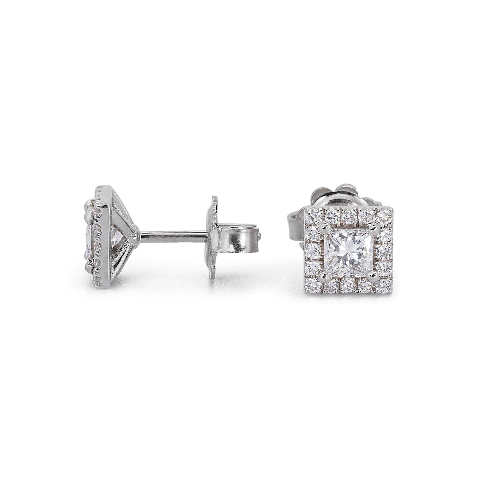 Brilliant Cut Enchanting 1.33ct Diamond Halo Stud Earrings in 18k White Gold - GIA Certified  For Sale