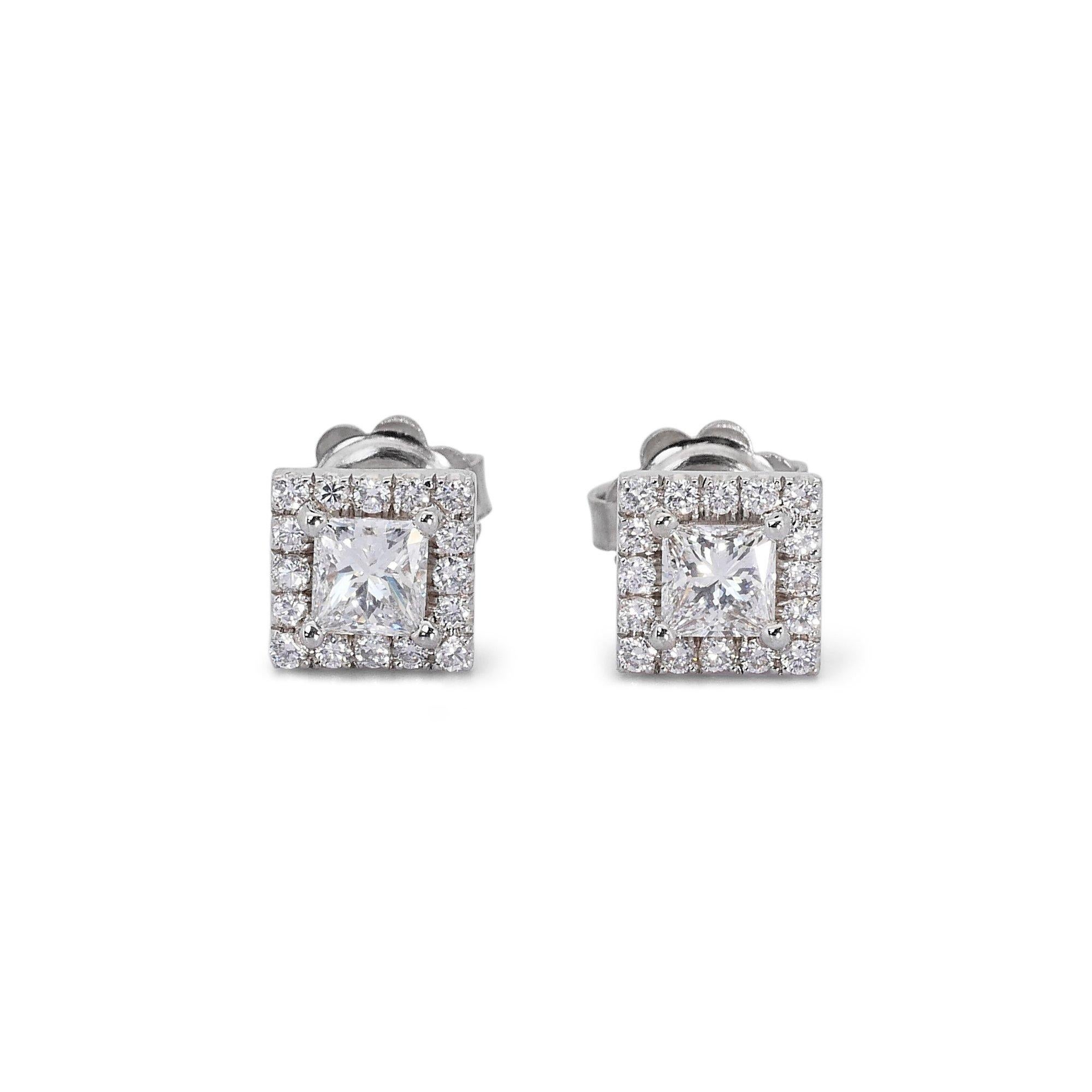 Enchanting 1.33ct Diamond Halo Stud Earrings in 18k White Gold - GIA Certified  For Sale 4