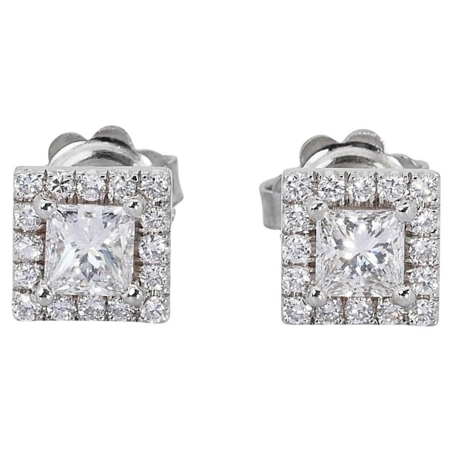 Enchanting 1.33ct Diamond Halo Stud Earrings in 18k White Gold - GIA Certified  For Sale
