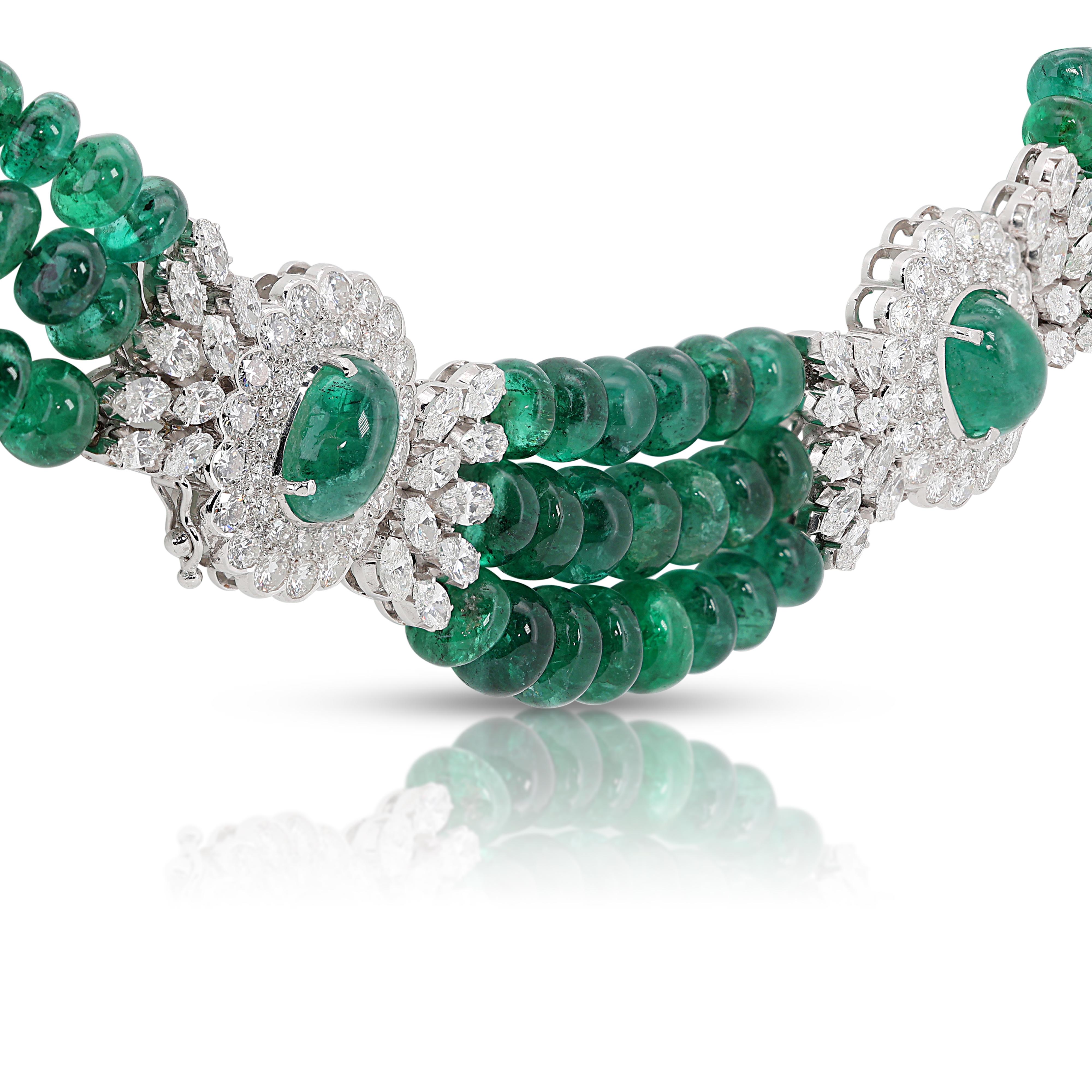 Cabochon Enchanting 146.85ct Emerald Collar Necklace with Diamonds in 18K White Gold  For Sale