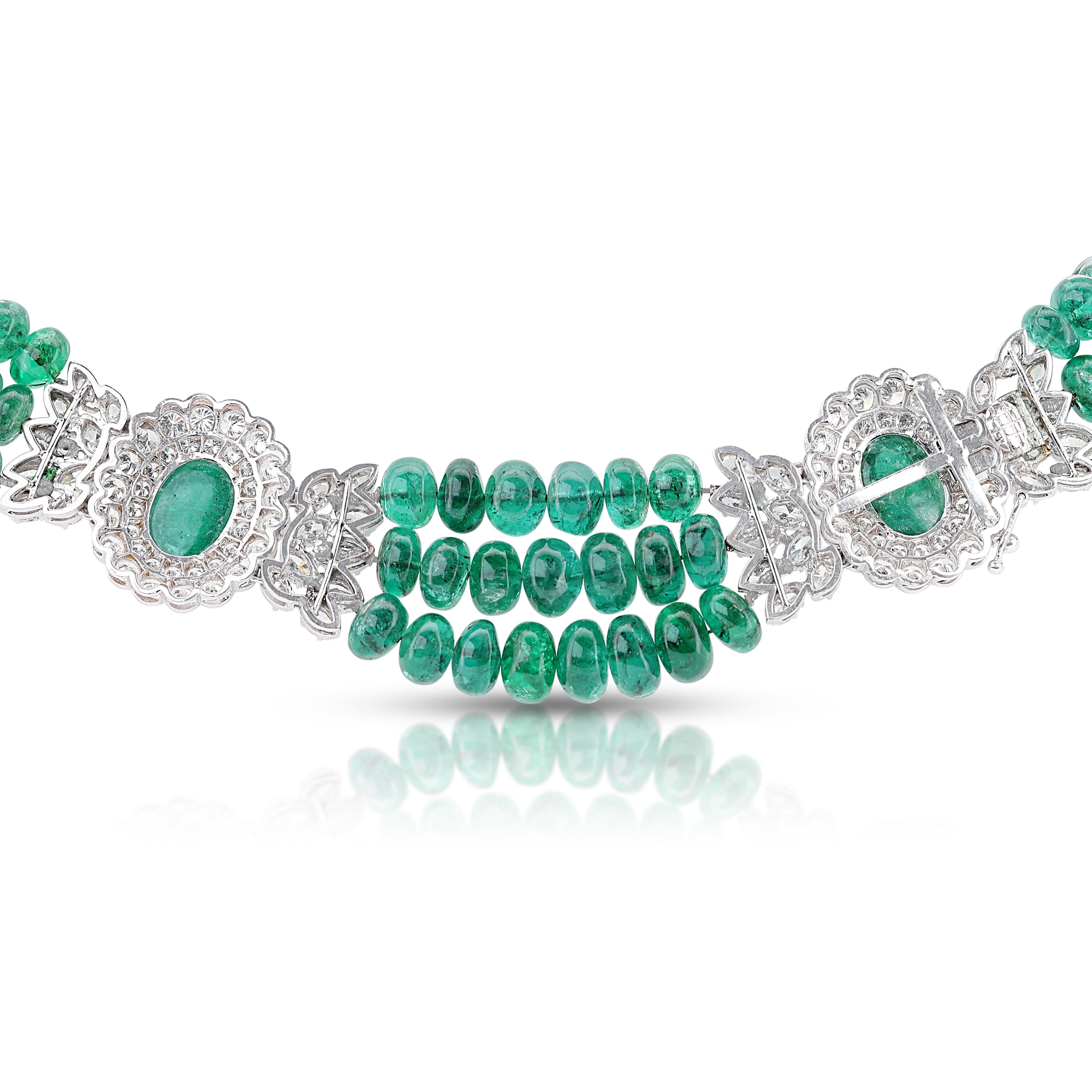 Enchanting 146.85ct Emerald Collar Necklace with Diamonds in 18K White Gold  For Sale 1