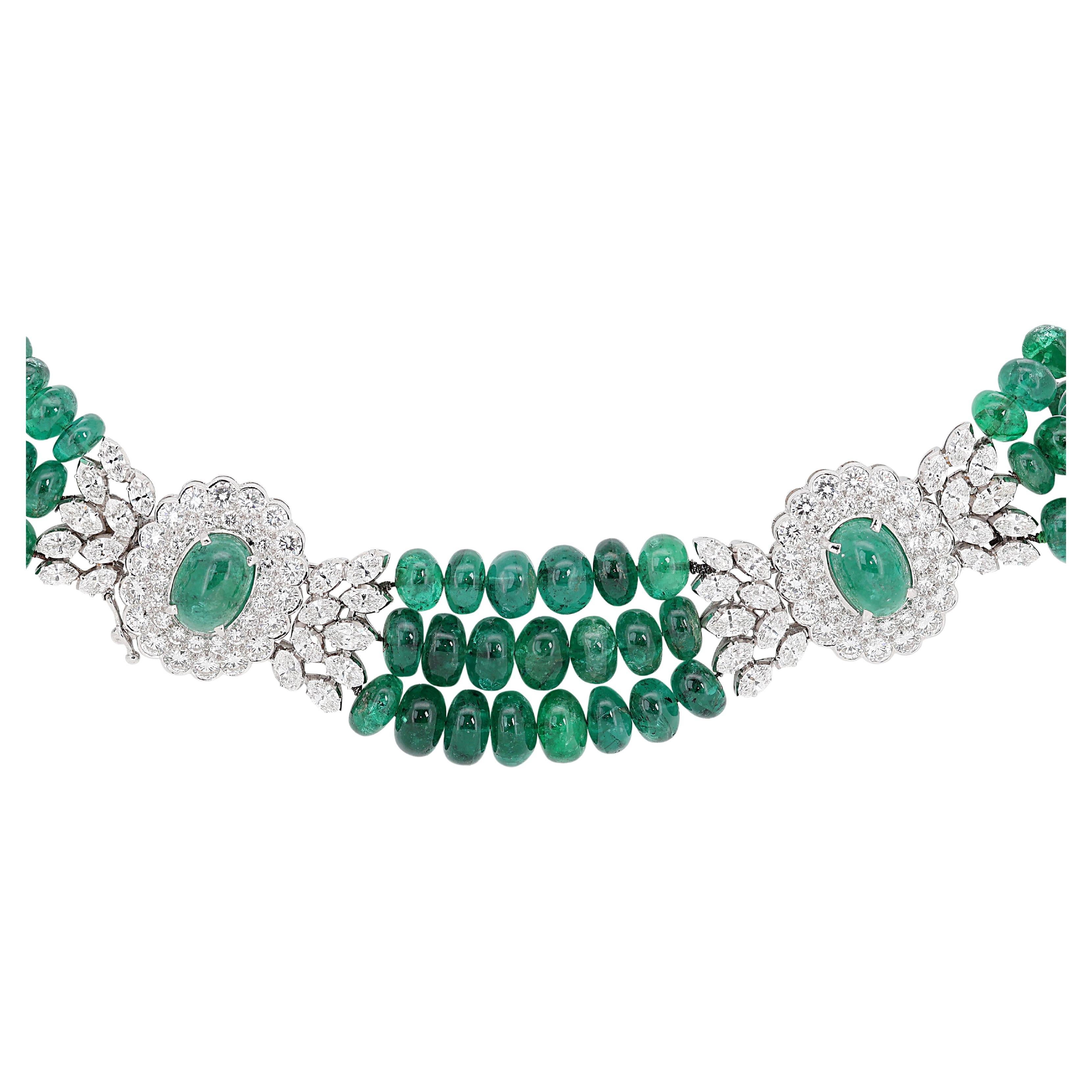 Enchanting 146.85ct Emerald Collar Necklace with Diamonds in 18K White Gold  For Sale