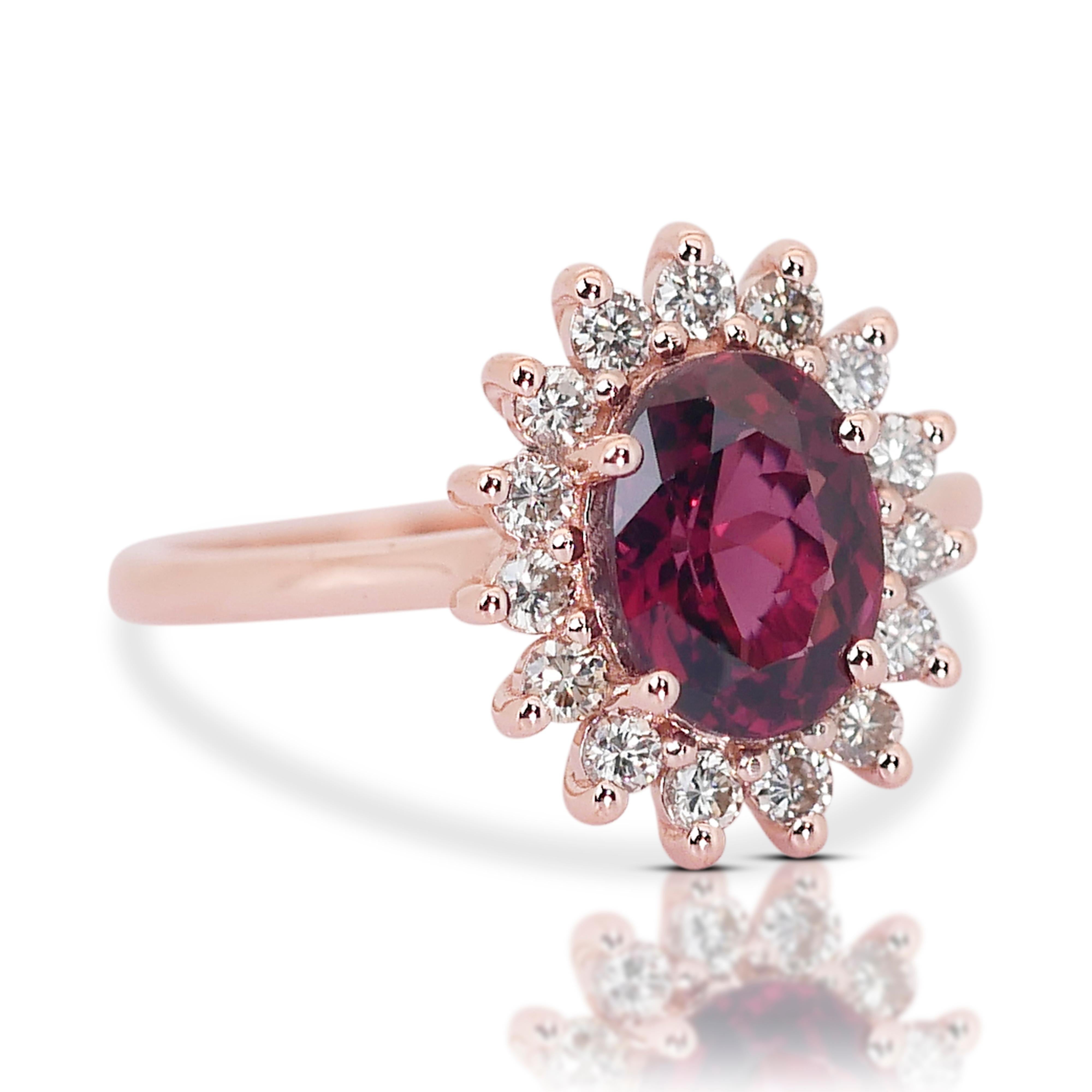 Mixed Cut Enchanting 14K Pink Gold Garnet and Natural Diamond Ring w/2.32ct- IGI Certified For Sale
