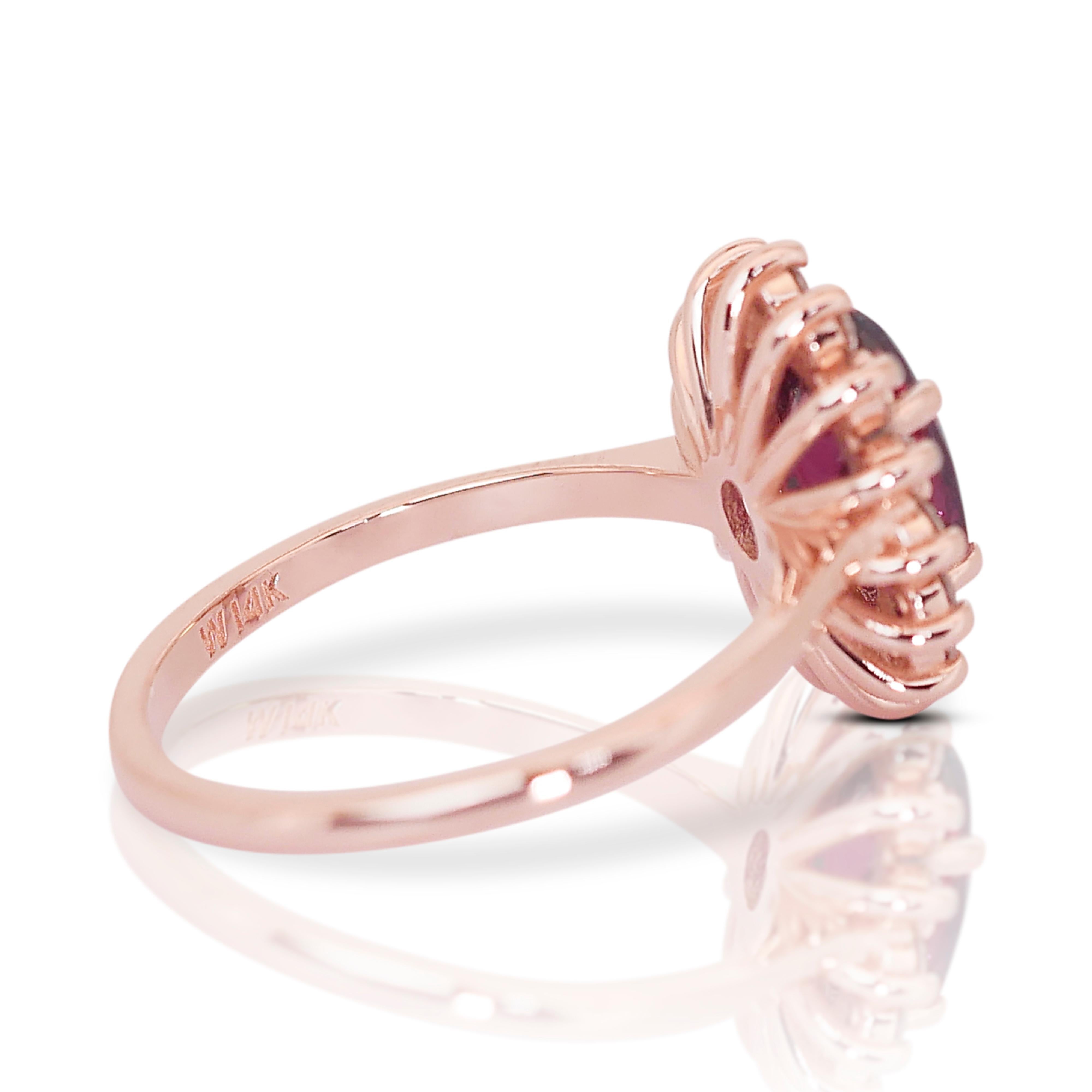 Enchanting 14K Pink Gold Garnet and Natural Diamond Ring w/2.32ct- IGI Certified In New Condition For Sale In רמת גן, IL