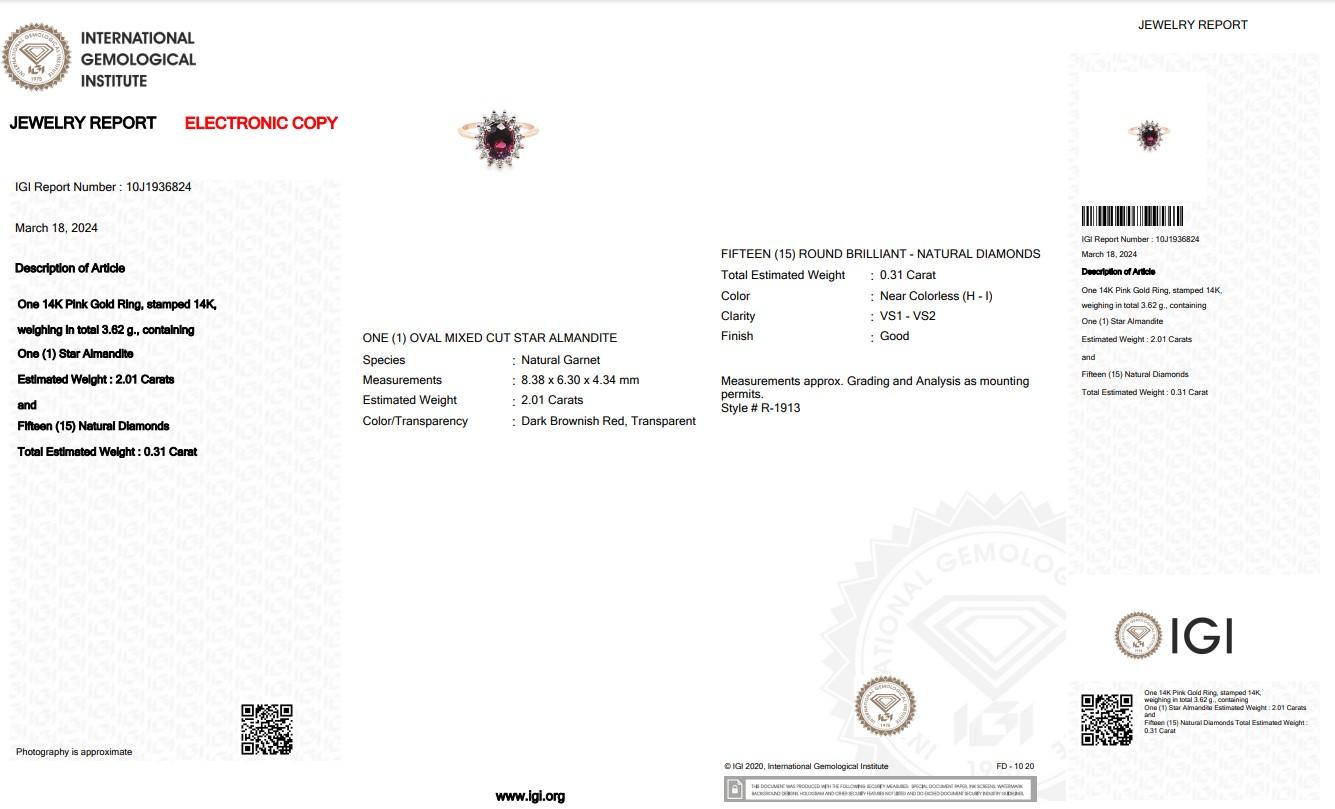 Women's Enchanting 14K Pink Gold Garnet and Natural Diamond Ring w/2.32ct- IGI Certified