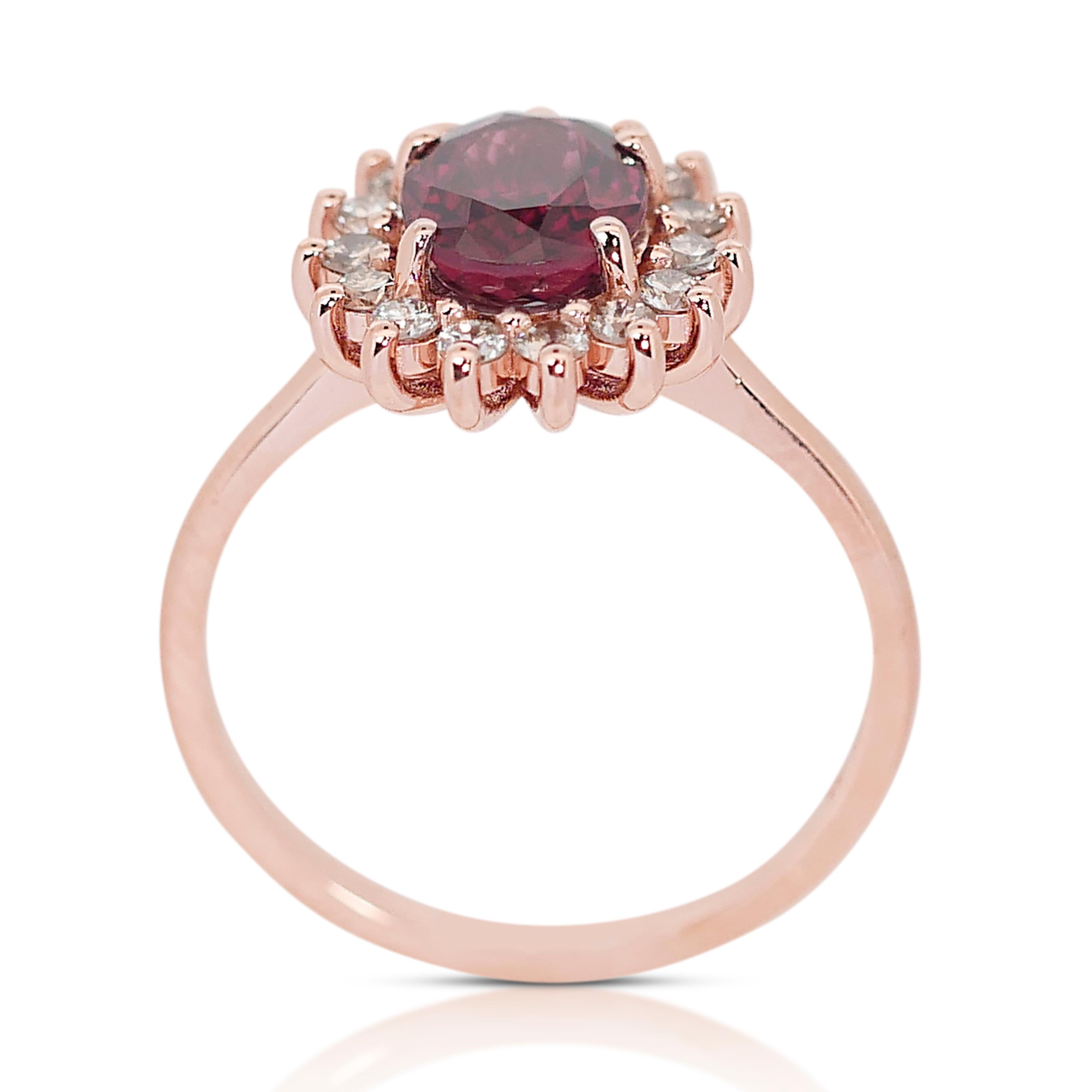 Enchanting 14K Pink Gold Garnet and Natural Diamond Ring w/2.32ct- IGI Certified For Sale 1