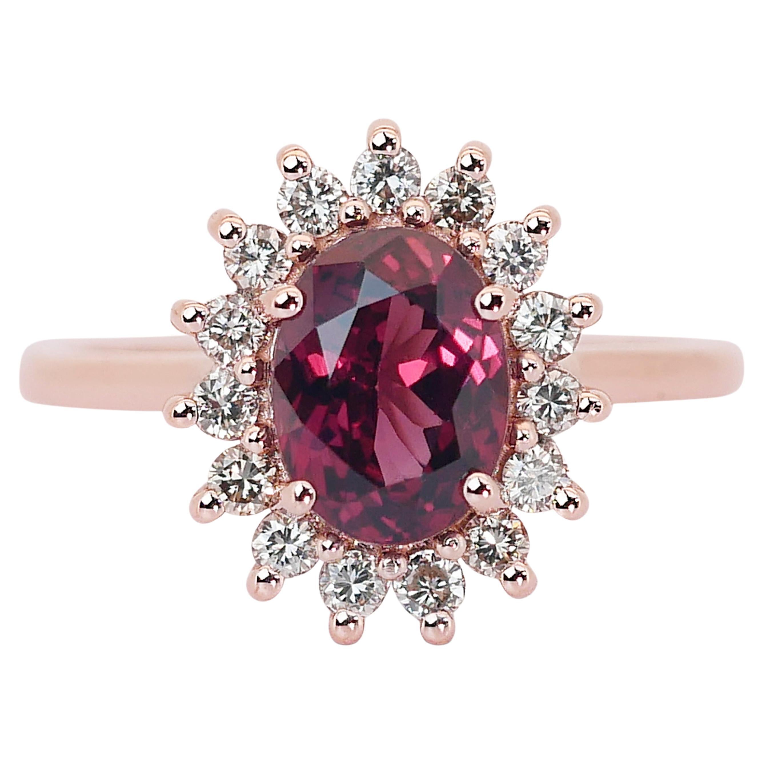 Enchanting 14K Pink Gold Garnet and Natural Diamond Ring w/2.32ct- IGI Certified For Sale