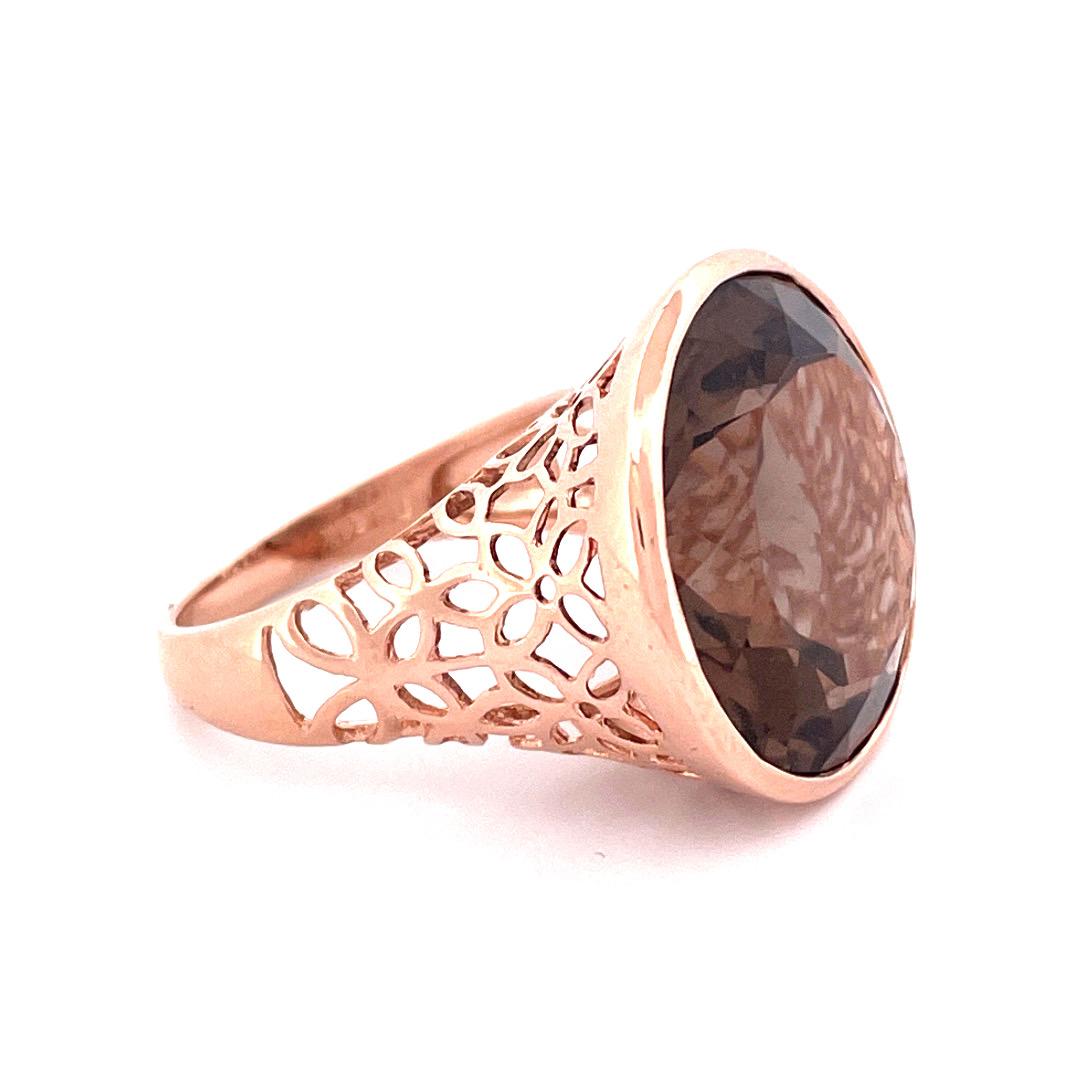 Round Cut Enchanting 14k Rose Gold Smoky Quartz Filigree Design Ring For Sale