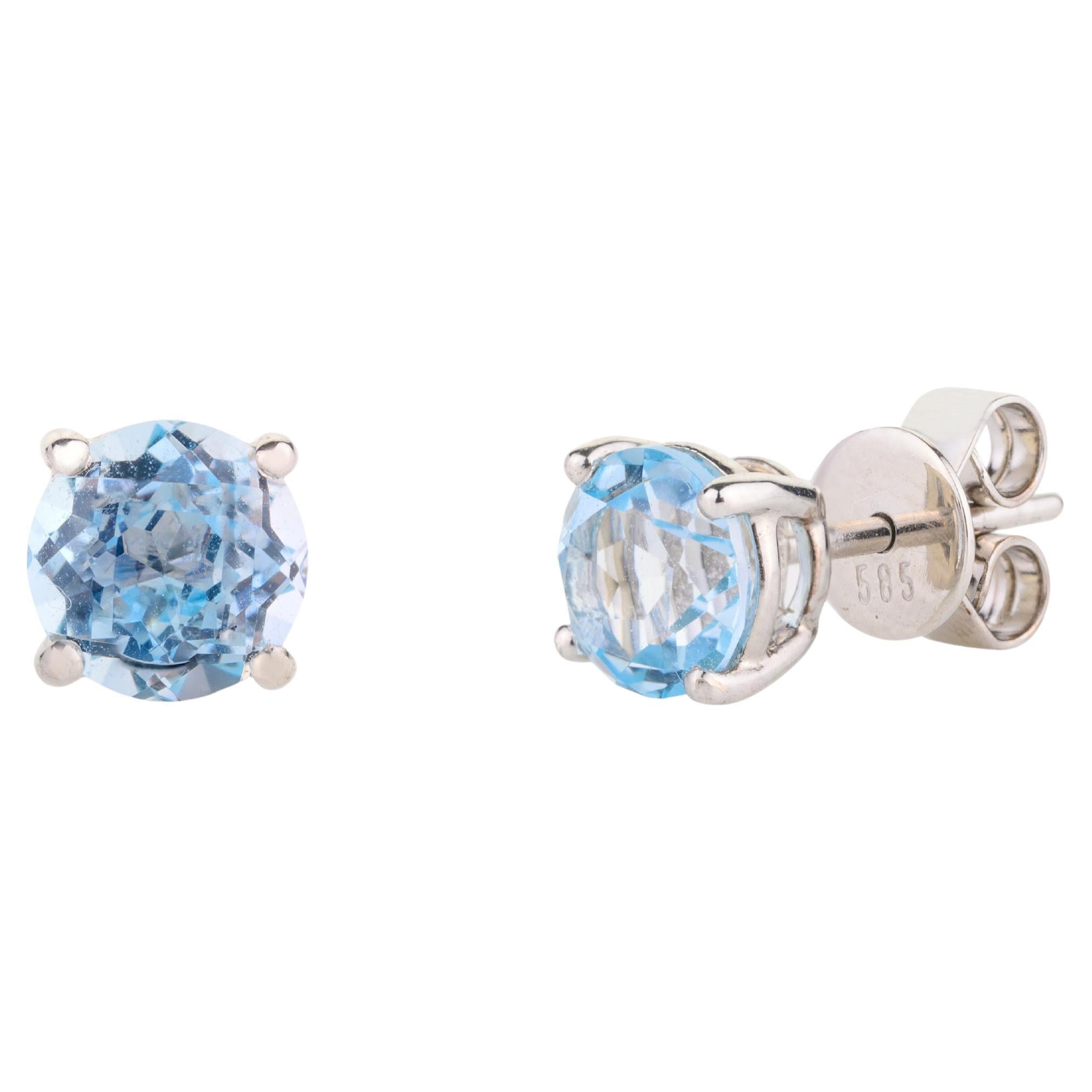 Enchanting 14k Solid White Gold Dainty Round Blue Topaz Stud Earrings For Sale