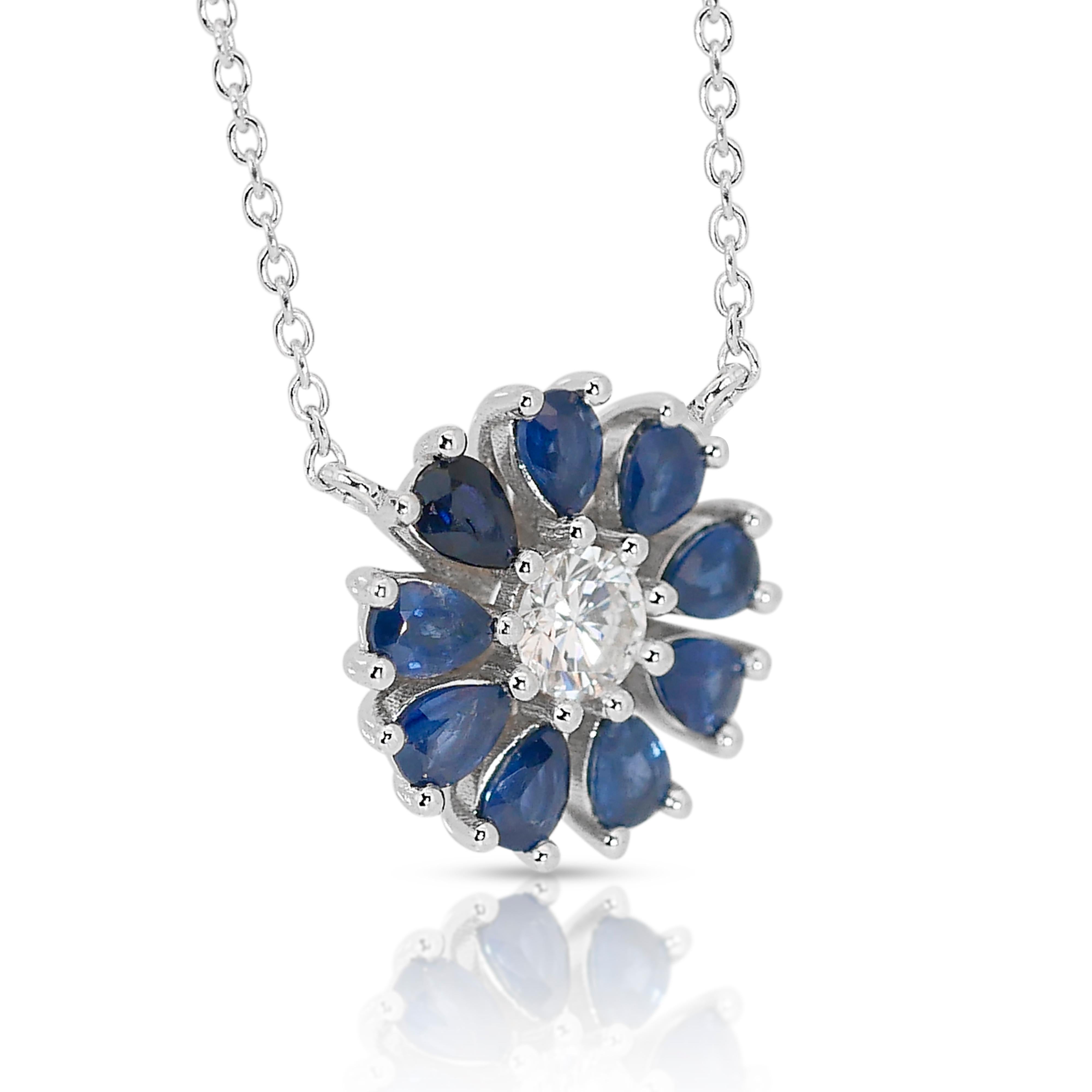 Enchanting 14k White Gold Natural Diamonds w/ Sapphires Necklace w/1.72 ct- IGI  In New Condition For Sale In רמת גן, IL