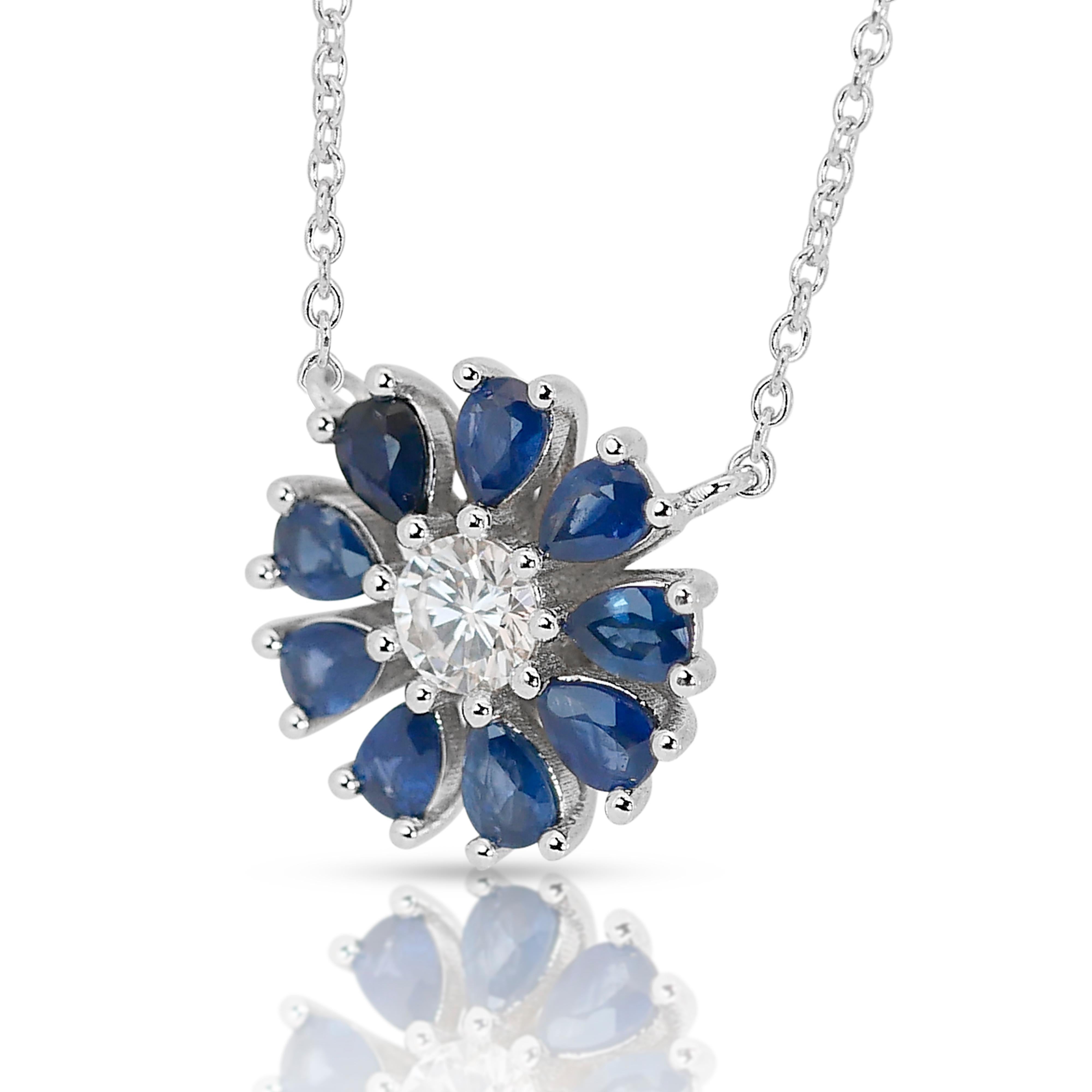 Women's Enchanting 14k White Gold Natural Diamonds w/ Sapphires Necklace w/1.72 ct- IGI  For Sale