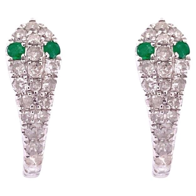 Enchanting 14k White Gold Snake Hoop Earrings with Green and White Diamonds For Sale