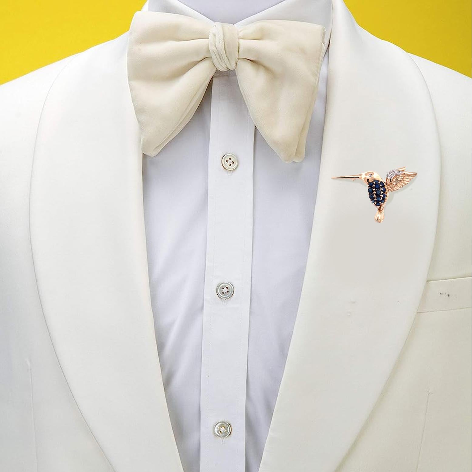 Femenino o masculino Encantador Broche Pájaro de Oro Amarillo de 14K con Zafiro y Diamante