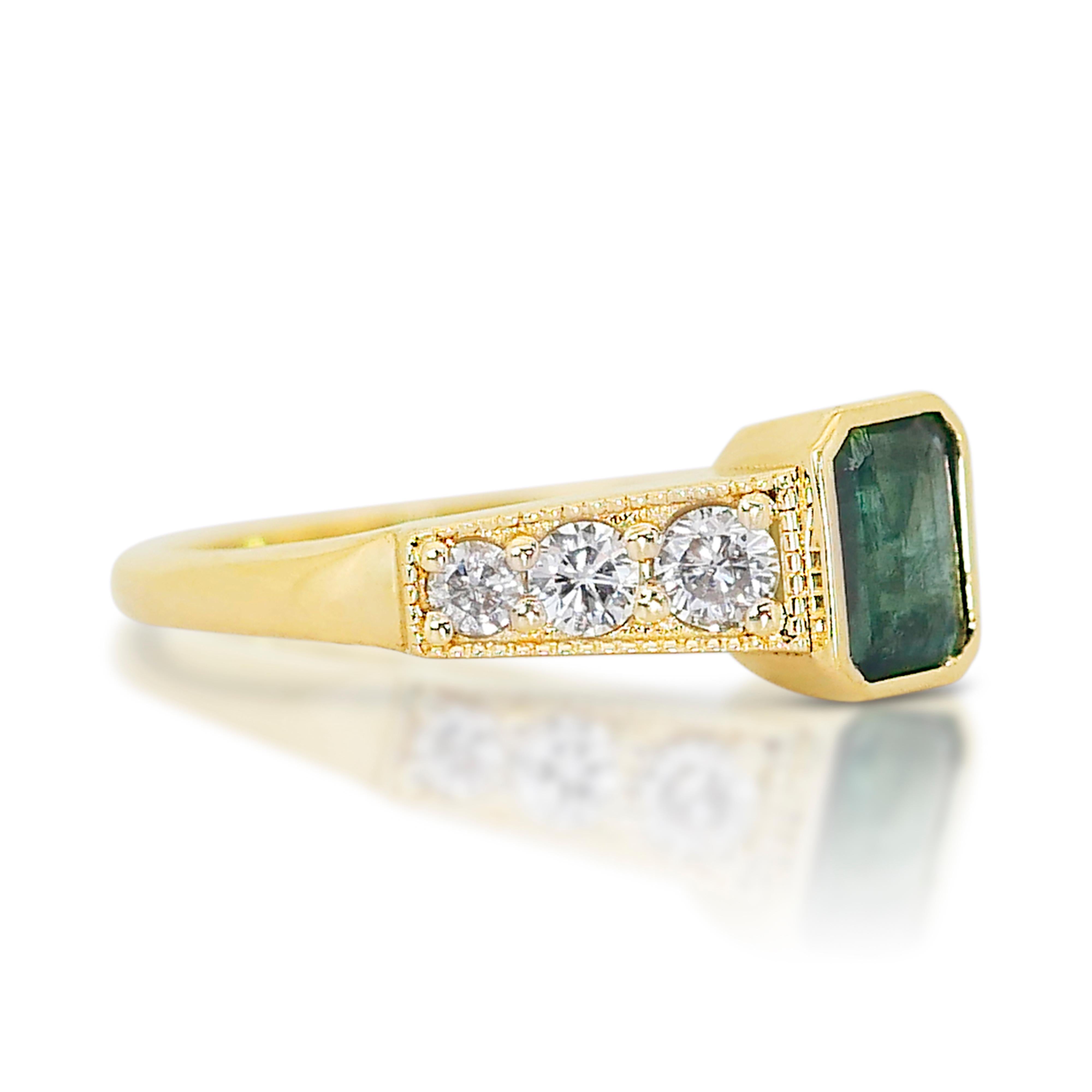 Radiant Cut Enchanting 14k Yellow Gold Emerald & Diamond Pave Ring w/0.89 ct - IGI Certified