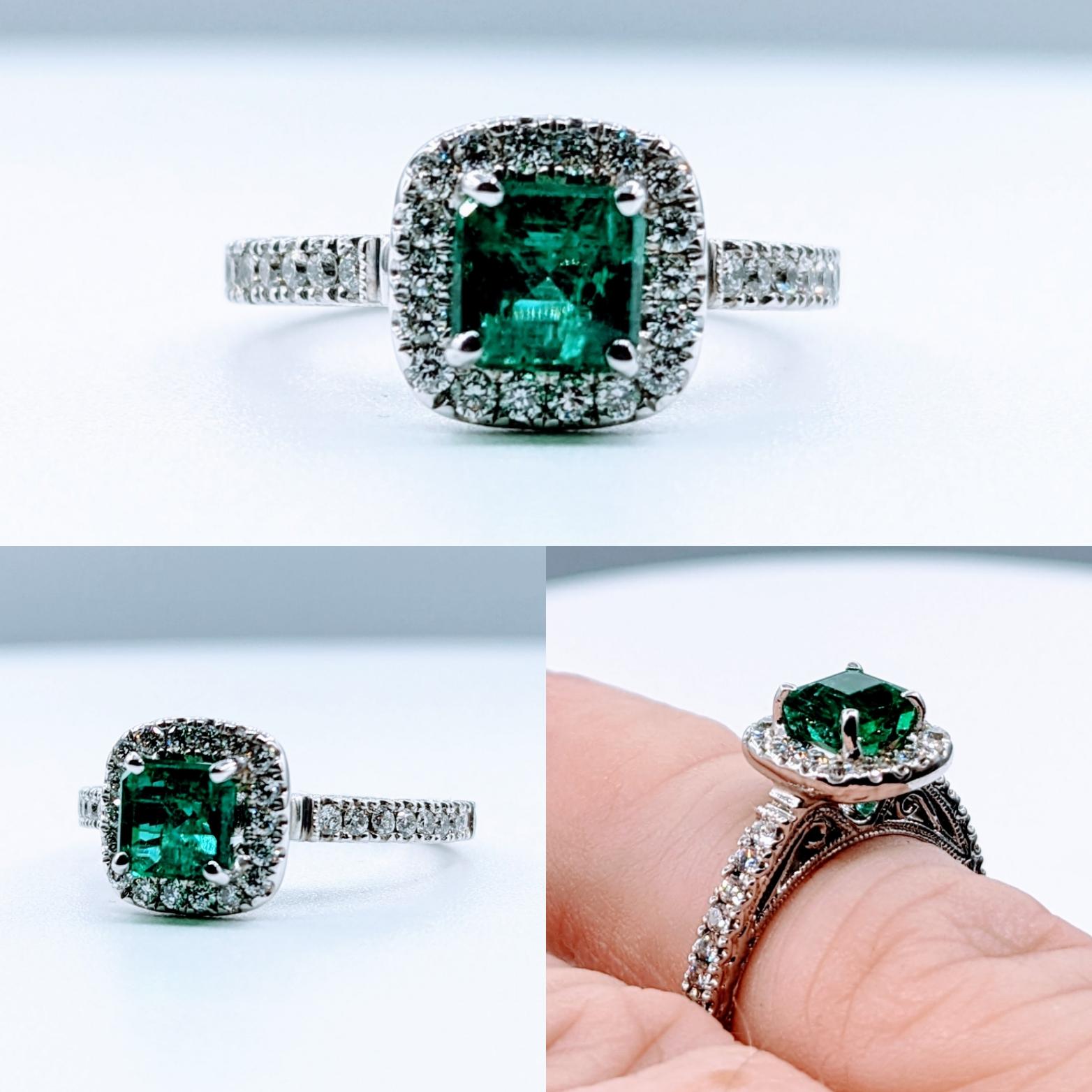 Enchanting Emerald & Diamond Halo Ring

Experience the enchanting beauty of this stunning ring, expertly crafted from 14 karat white gold and adorned with 0.33 carat total weight diamonds that shimmer with SI2-I1 clarity and H color. Adding to its