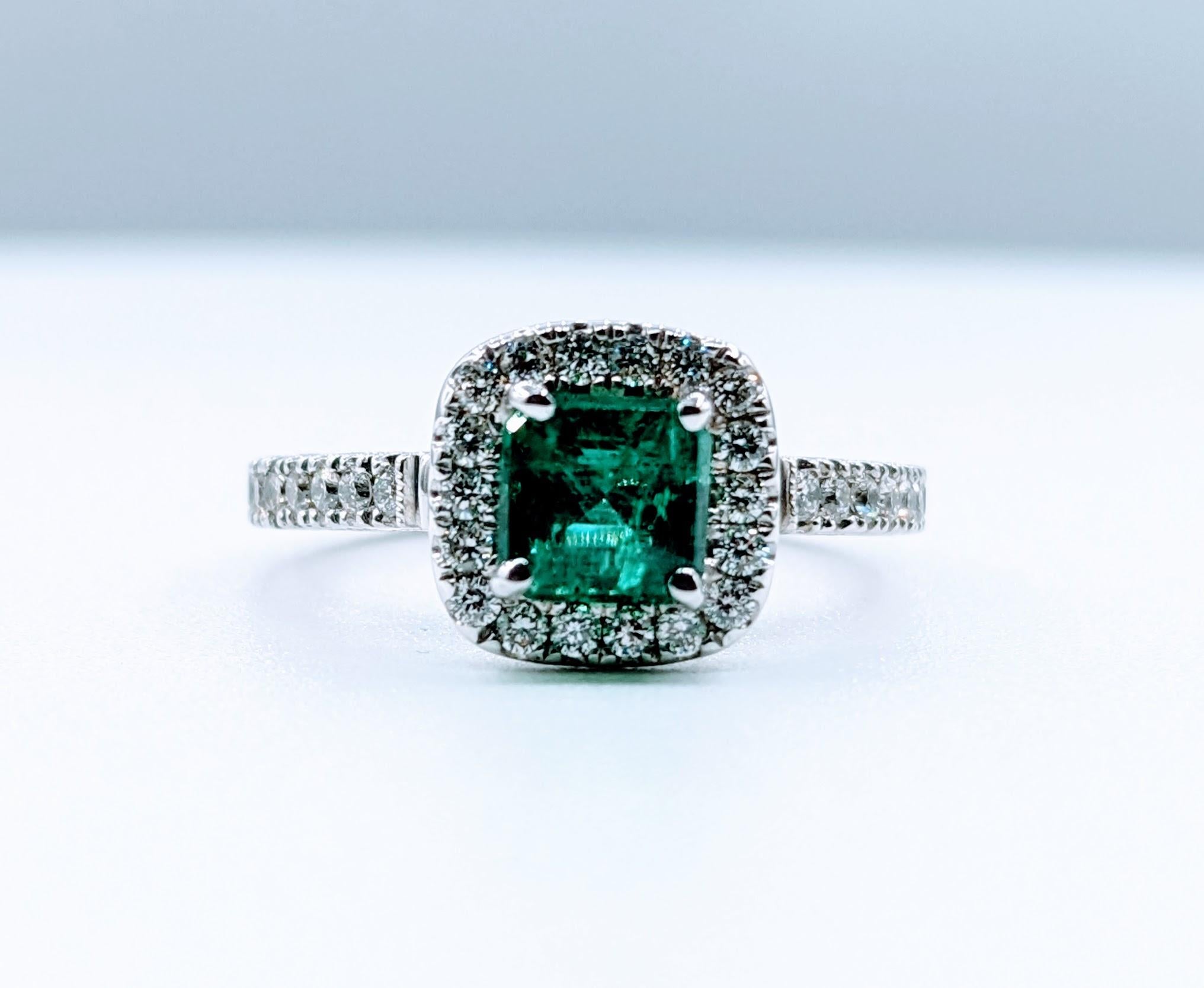Emerald Cut Enchanting 1.74ct Emerald & Diamond Halo Ring For Sale