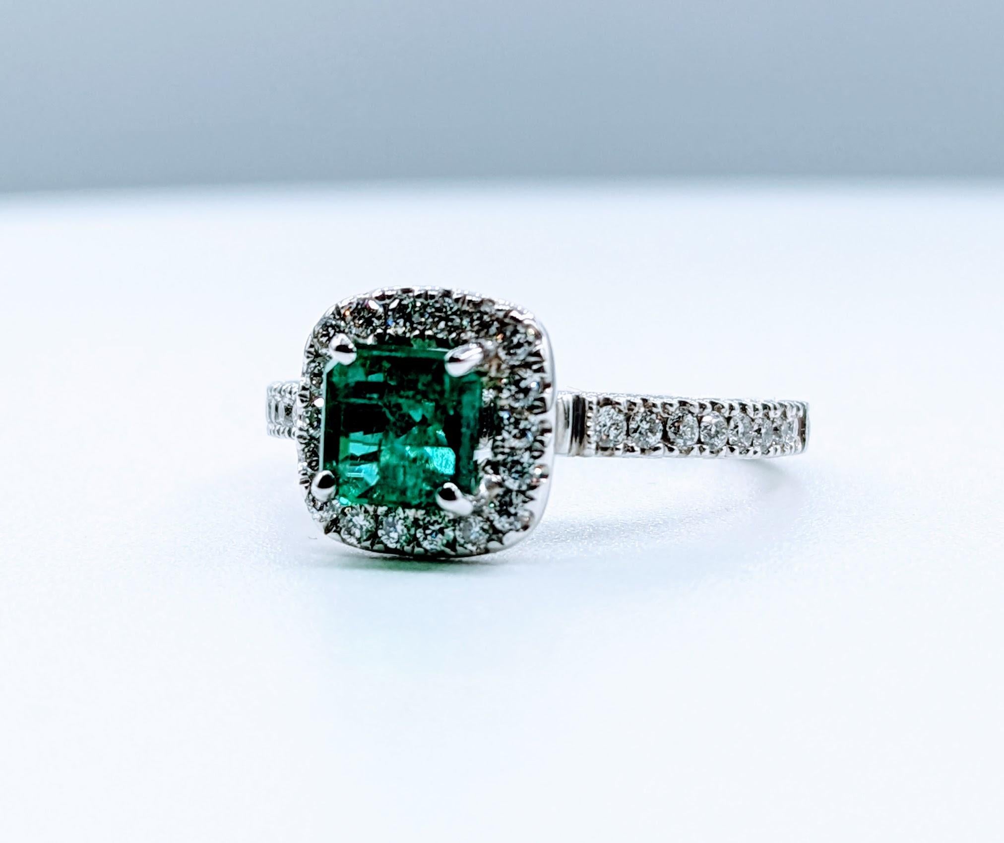Enchanting 1.74ct Emerald & Diamond Halo Ring In Excellent Condition For Sale In Bloomington, MN